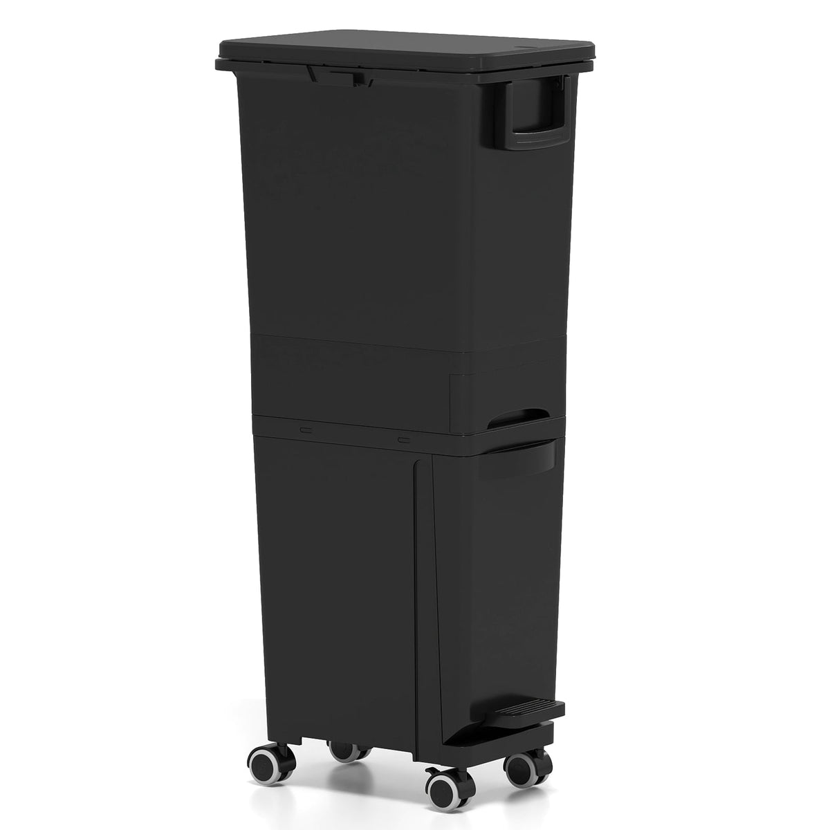 Kitchen Trash Can with 3 Compartments, Black, 4 Wheels
