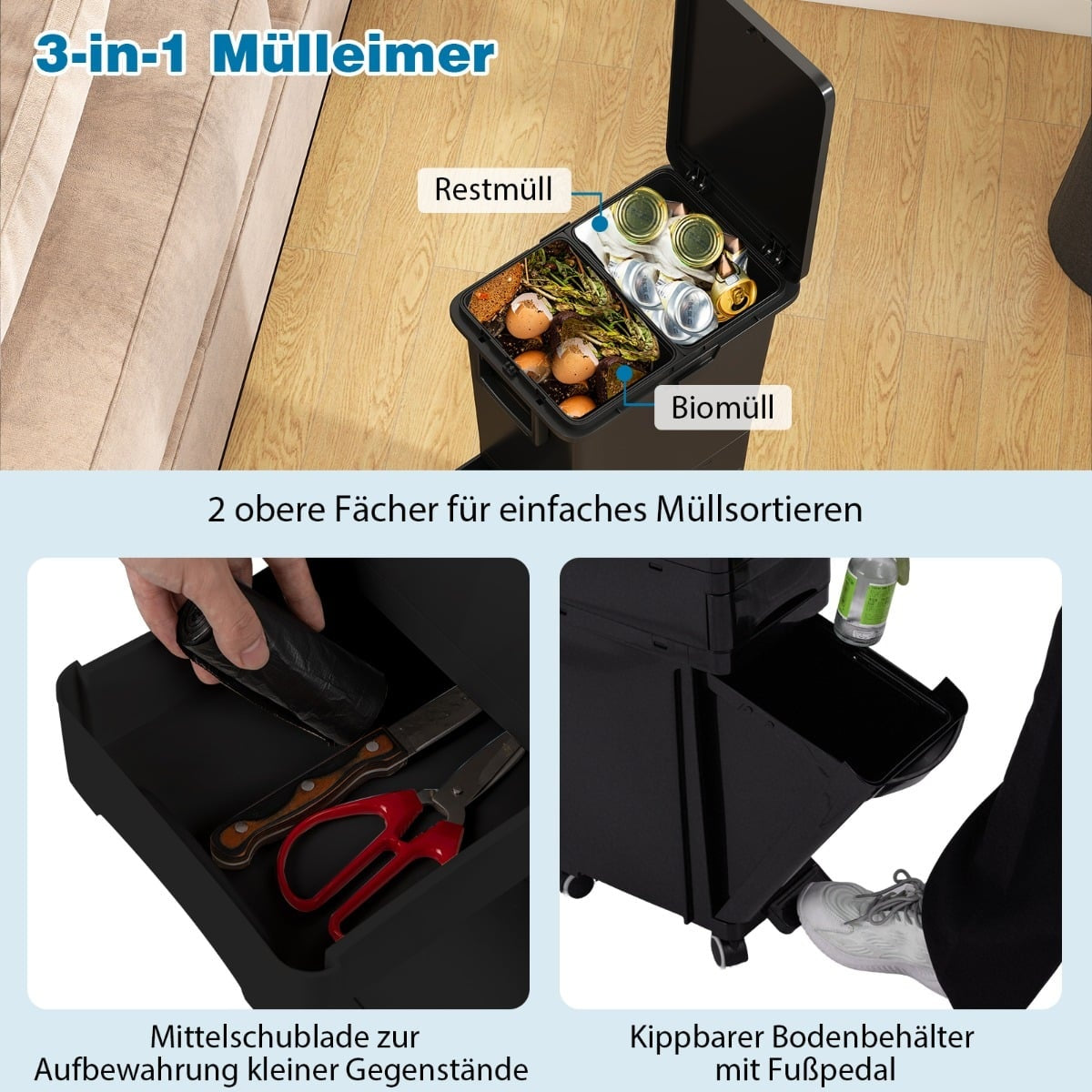 Kitchen Trash Can with 3 Compartments, Black, 4 Wheels