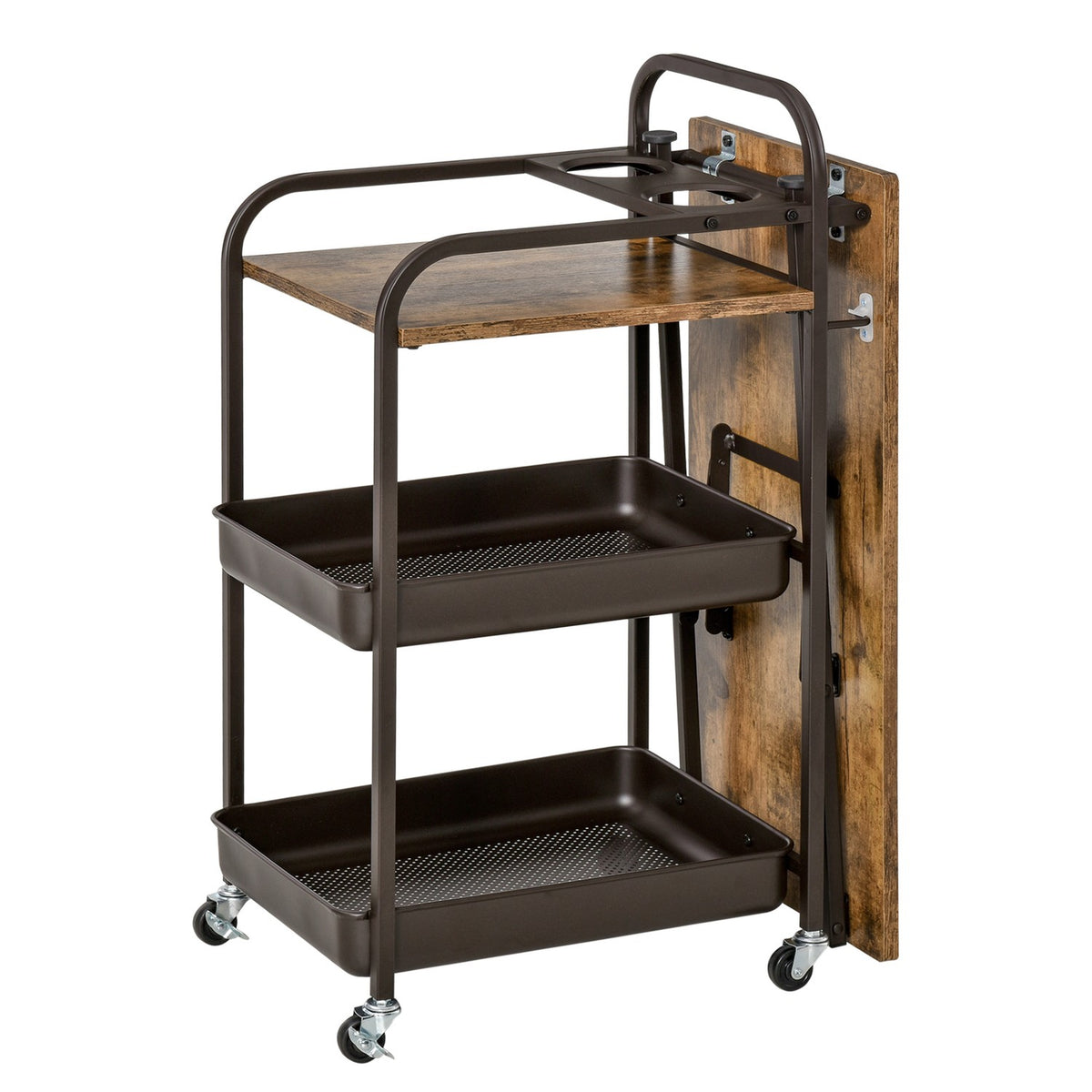 Kitchen Trolley Practical Serving Trolley With Folding Table Top, 2 Trays, Wheels, Adjustable Foot Pads