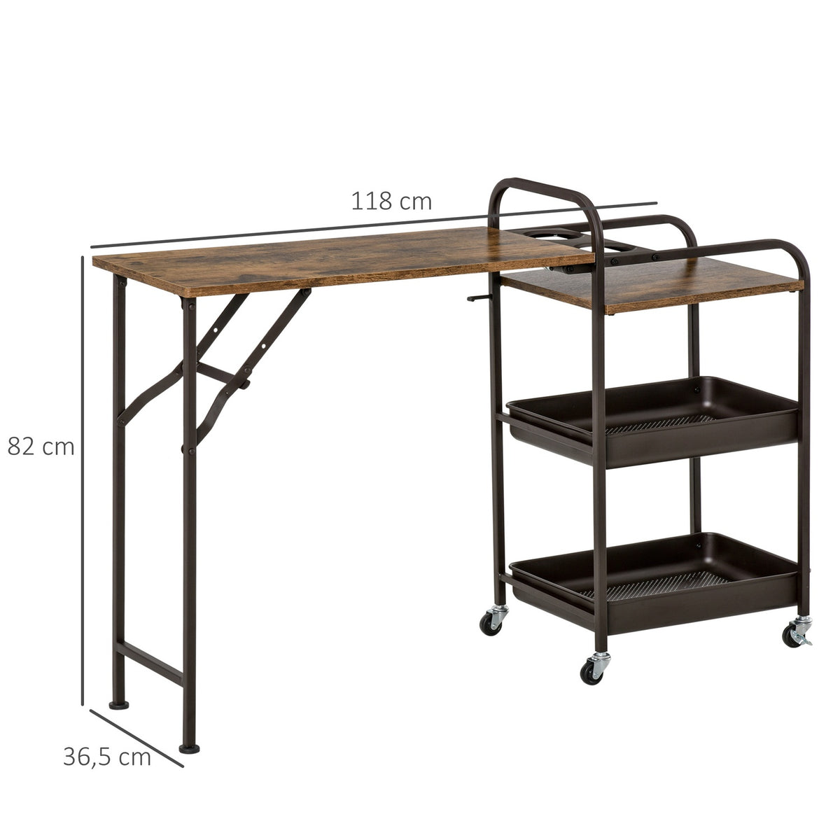 Kitchen Trolley Practical Serving Trolley With Folding Table Top, 2 Trays, Wheels, Adjustable Foot Pads