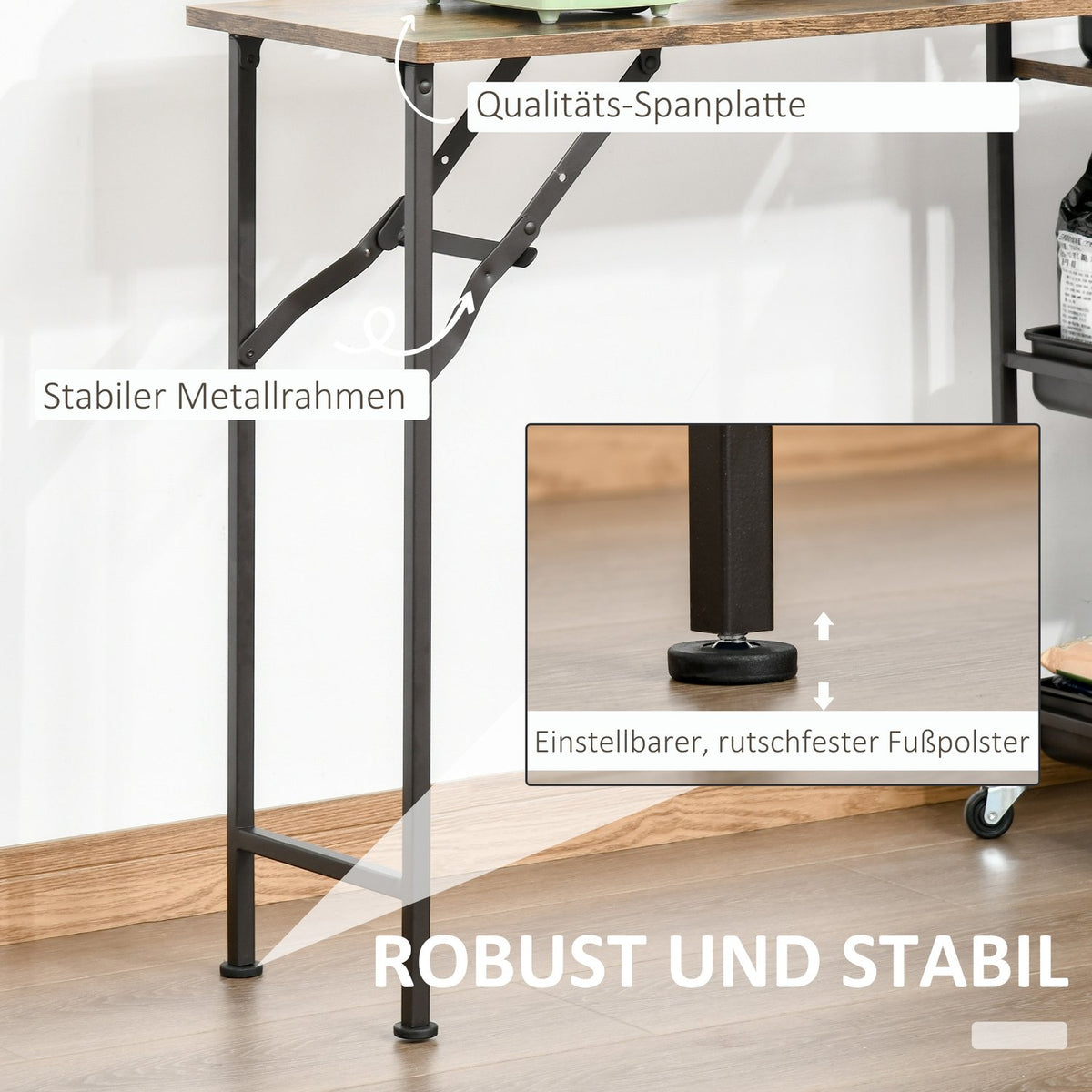Kitchen Trolley Practical Serving Trolley With Folding Table Top, 2 Trays, Wheels, Adjustable Foot Pads