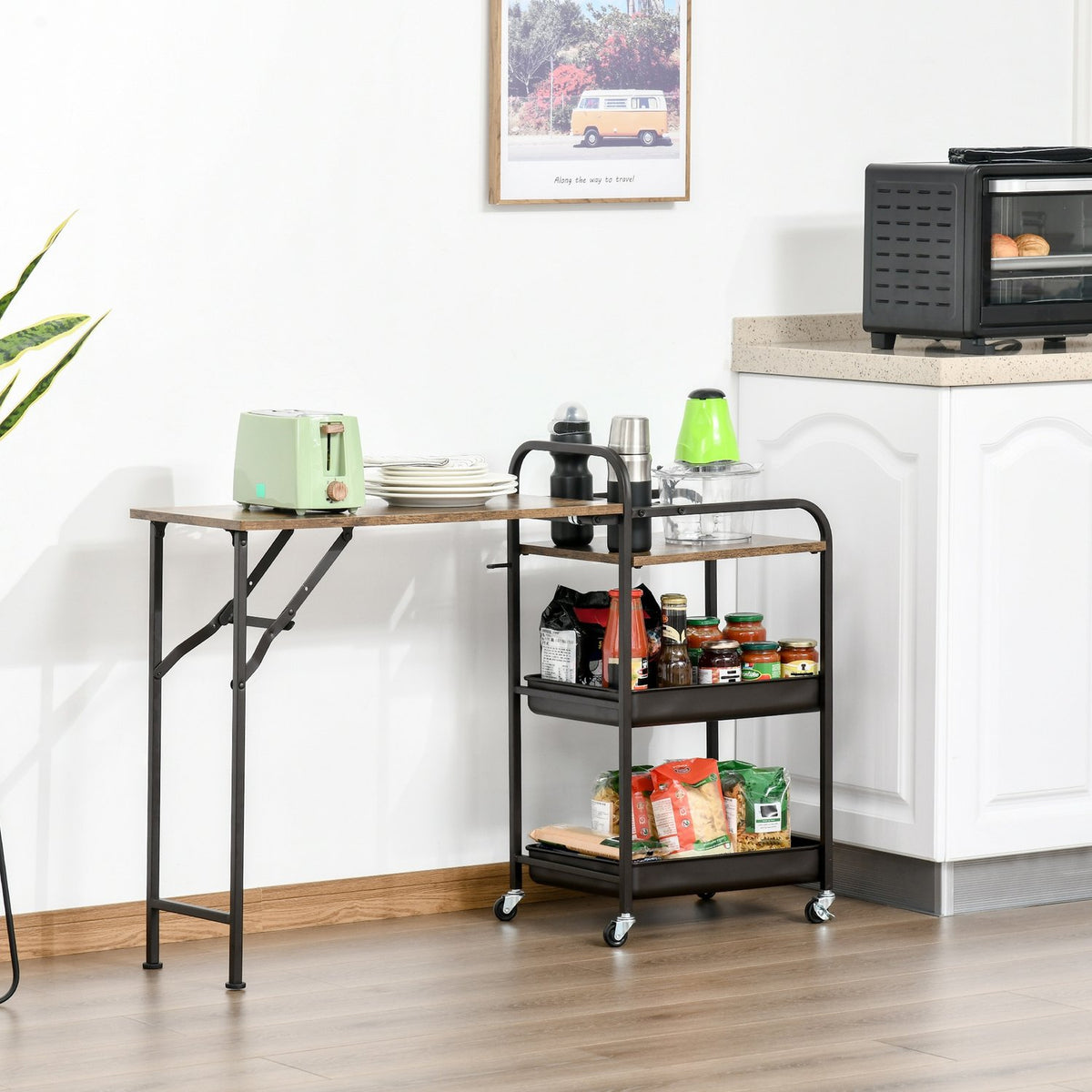 Kitchen Trolley Practical Serving Trolley With Folding Table Top, 2 Trays, Wheels, Adjustable Foot Pads