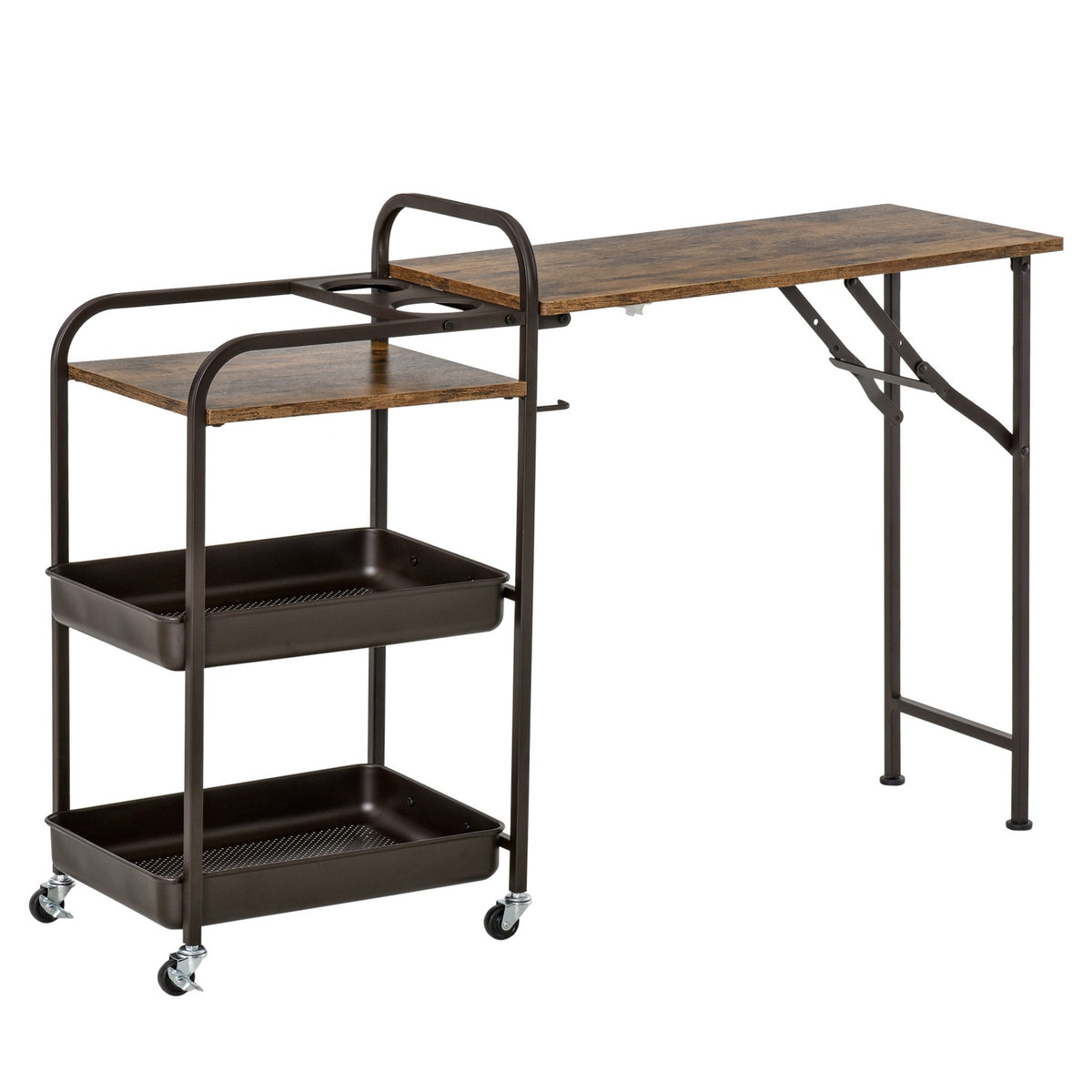 Kitchen Trolley Practical Serving Trolley With Folding Table Top, 2 Trays, Wheels, Adjustable Foot Pads
