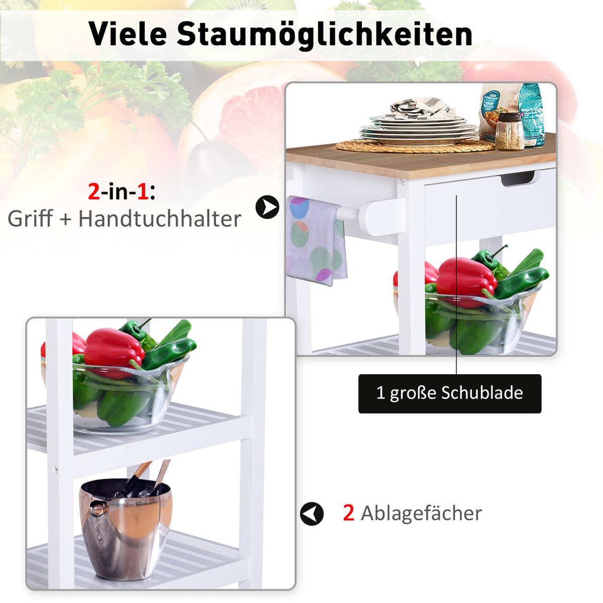 Kitchen Trolley Rollable Serving Trolley With Drawer, Wood, White, 64X39X84.5Cm