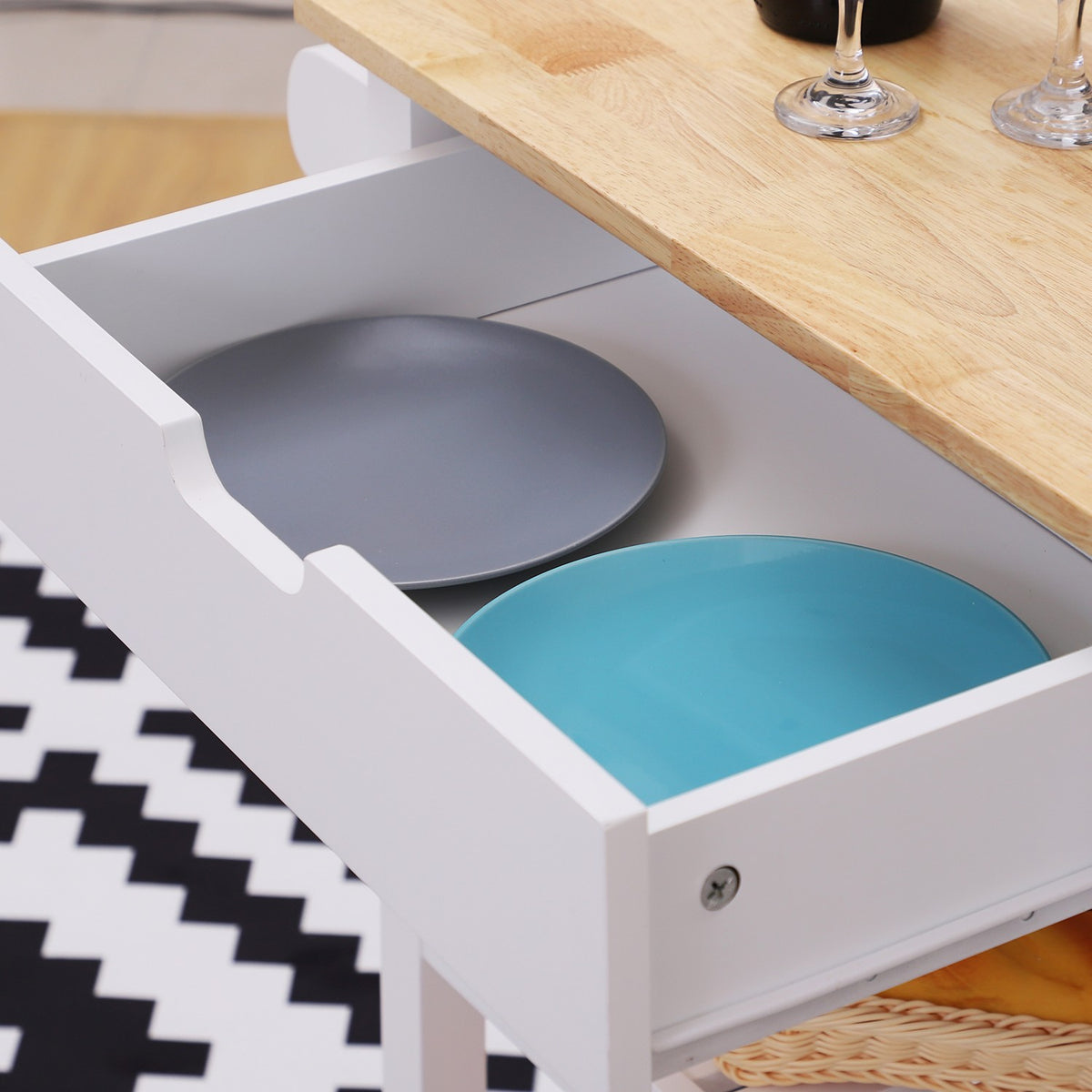 Kitchen Trolley Rollable Serving Trolley With Drawer, Wood, White, 64X39X84.5Cm