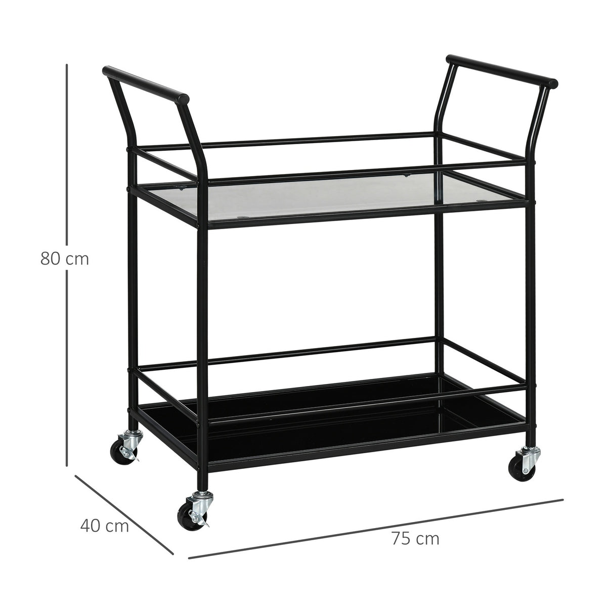 Kitchen Trolley, Rolling Trolley, Serving Trolley With 2 Shelves, Trolley, Side Trolley On Wheels, Metal Storage Trolley, Black, 75 X 40 X 80 Cm