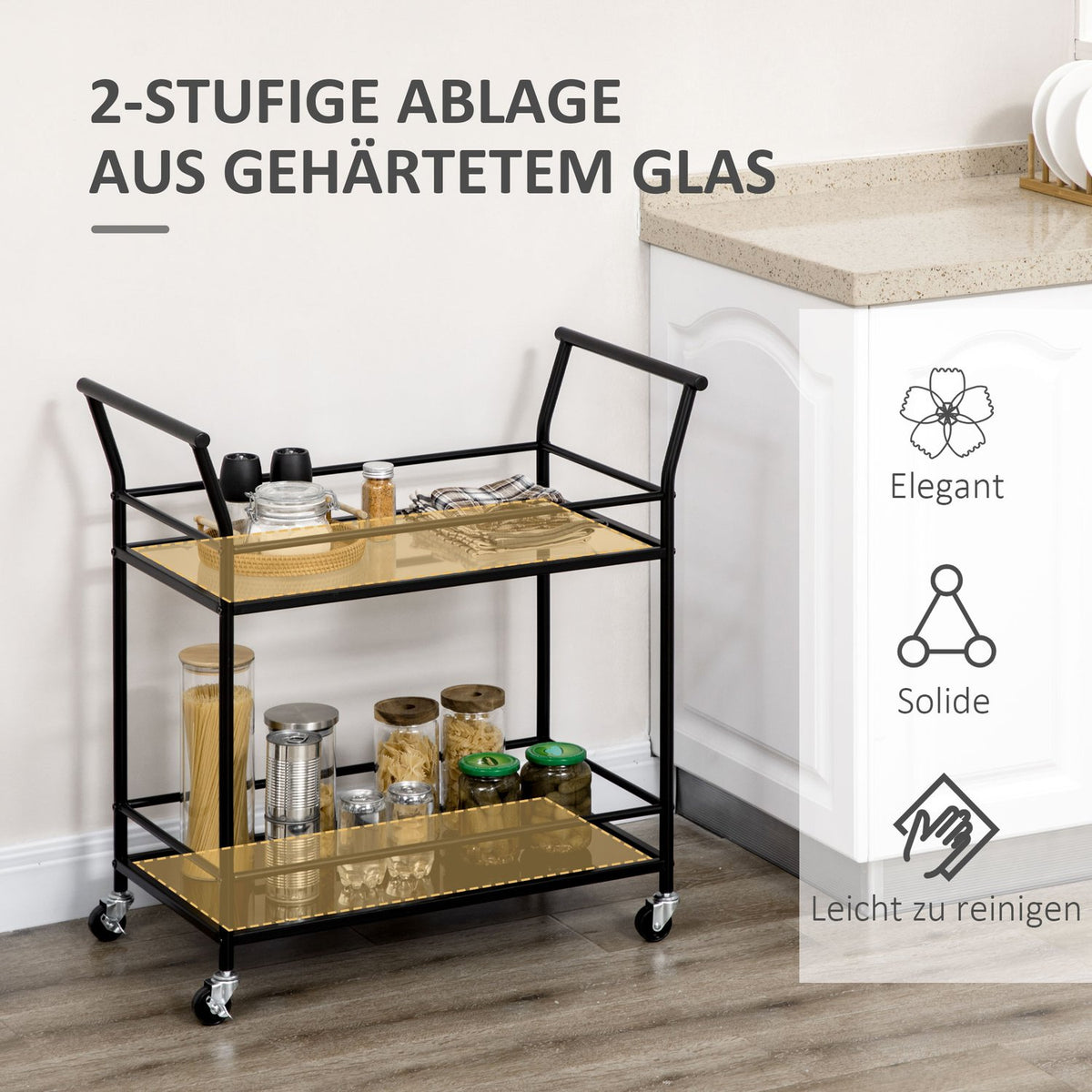 Kitchen Trolley, Rolling Trolley, Serving Trolley With 2 Shelves, Trolley, Side Trolley On Wheels, Metal Storage Trolley, Black, 75 X 40 X 80 Cm