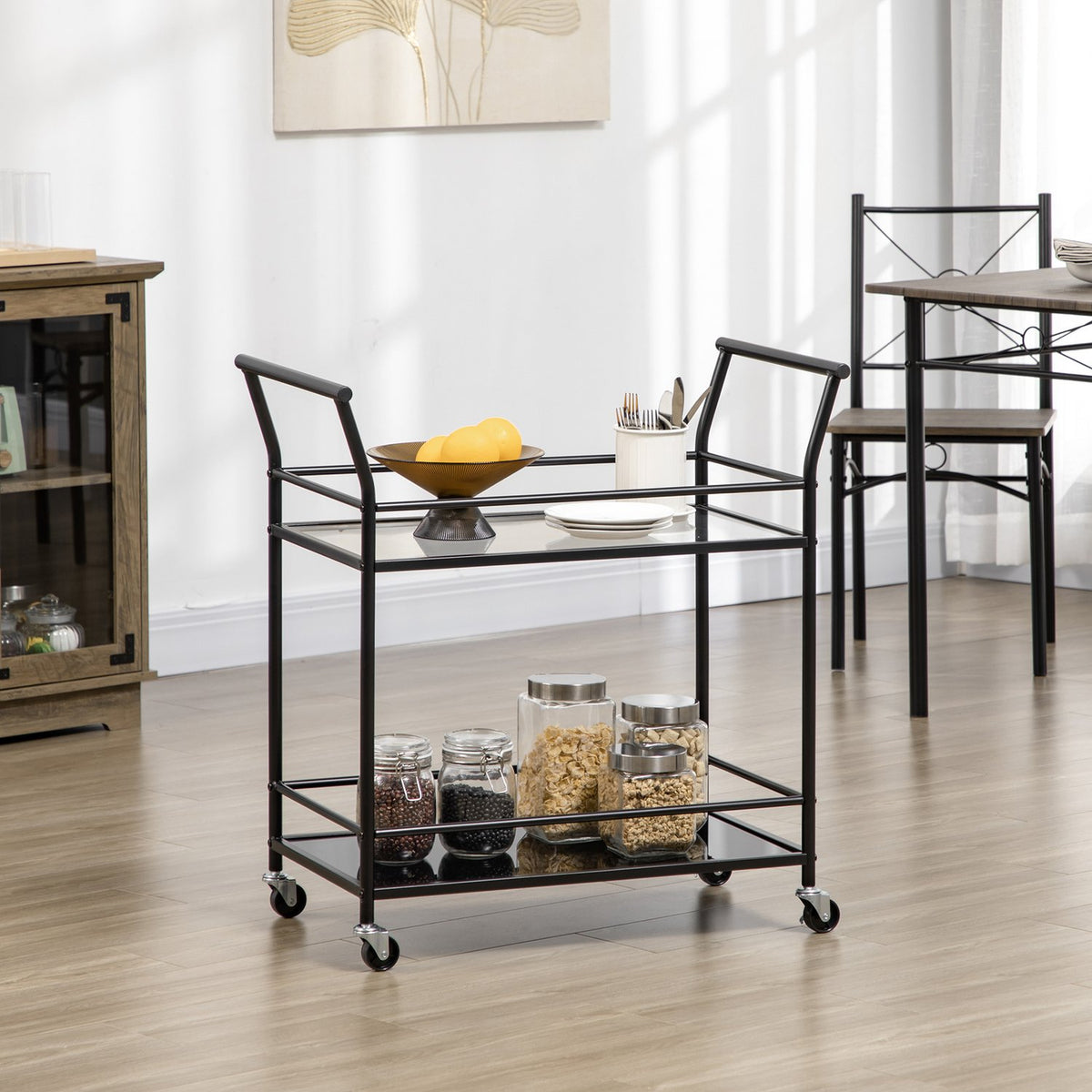 Kitchen Trolley, Rolling Trolley, Serving Trolley With 2 Shelves, Trolley, Side Trolley On Wheels, Metal Storage Trolley, Black, 75 X 40 X 80 Cm