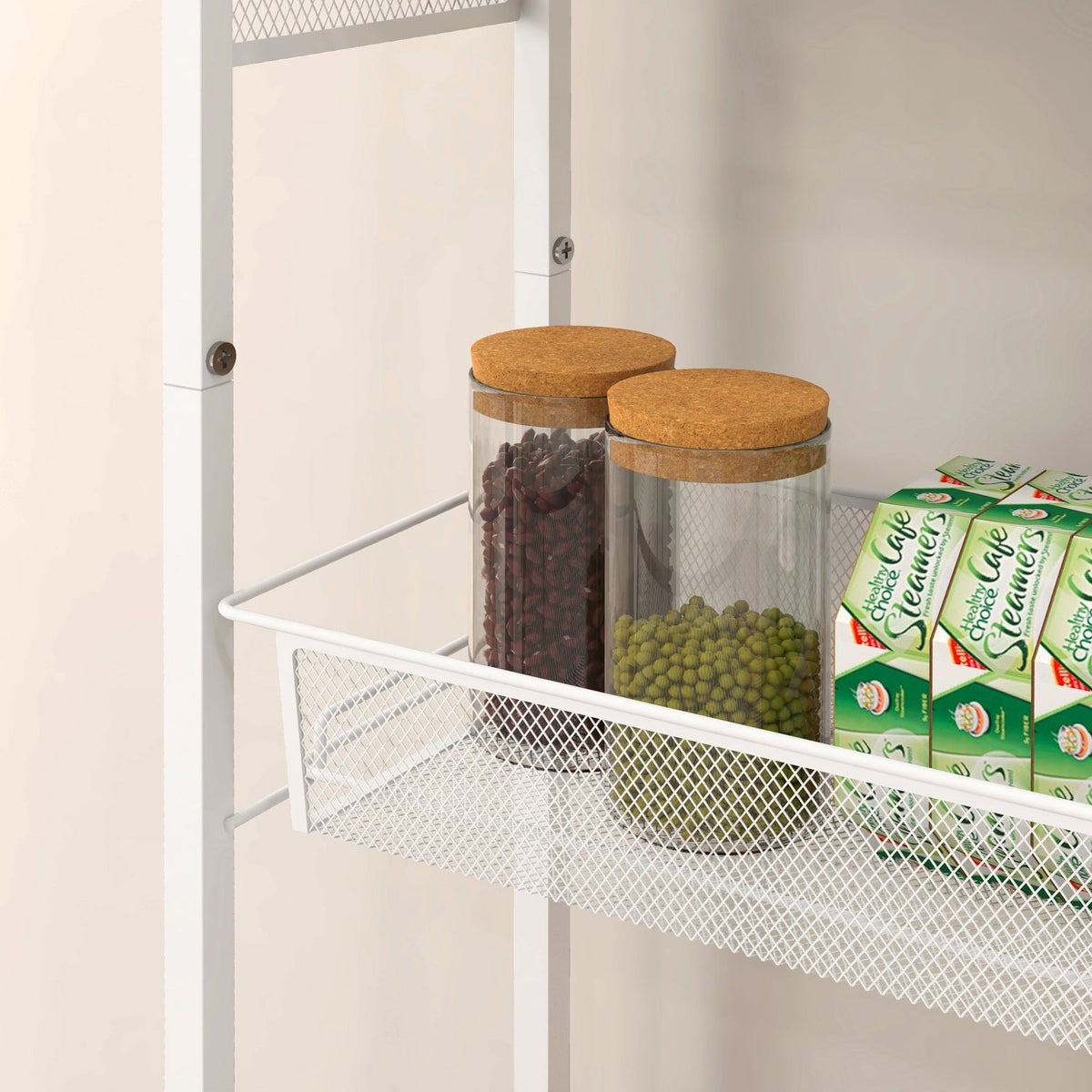 Kitchen Trolley Serving Trolley With 3 Levels, Basket, Worktop, Hooks, Steel, 58X18.5X87 Cm, White