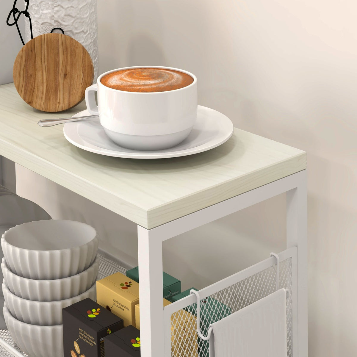 Kitchen Trolley Serving Trolley With 3 Levels, Basket, Worktop, Hooks, Steel, 58X18.5X87 Cm, White