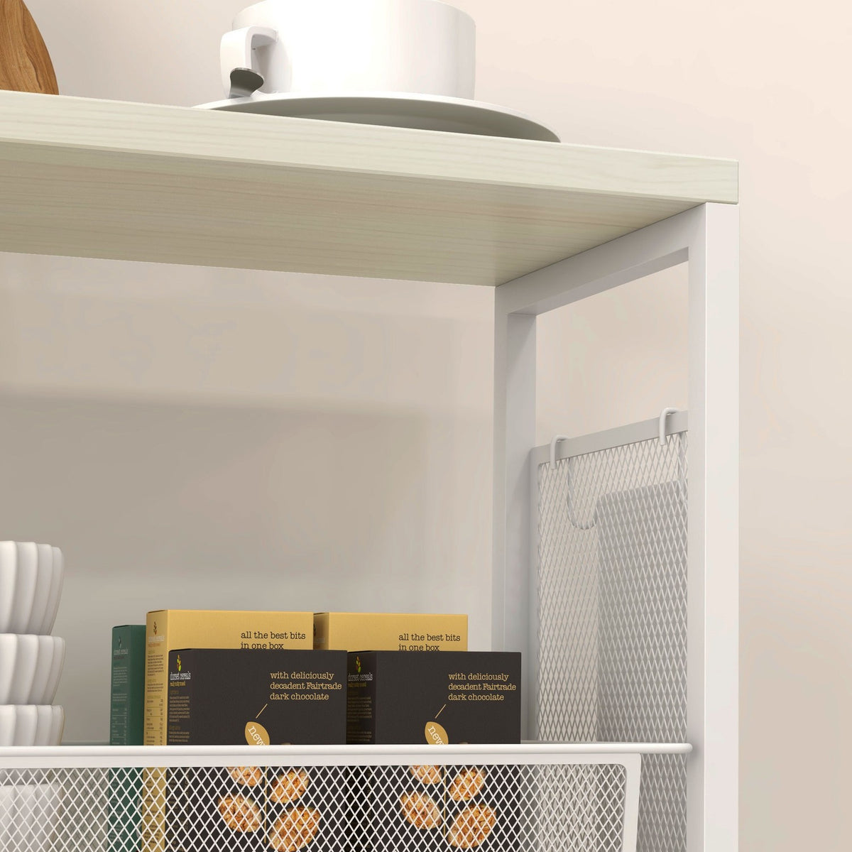 Kitchen Trolley Serving Trolley With 3 Levels, Basket, Worktop, Hooks, Steel, 58X18.5X87 Cm, White