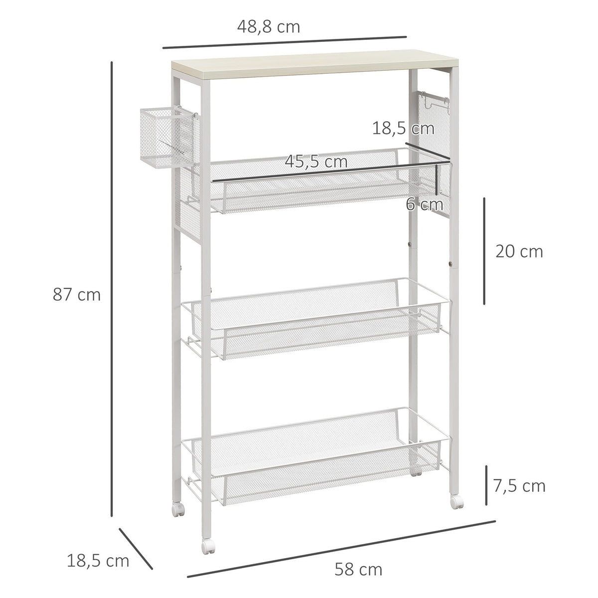 Kitchen Trolley Serving Trolley With 3 Levels, Basket, Worktop, Hooks, Steel, 58X18.5X87 Cm, White