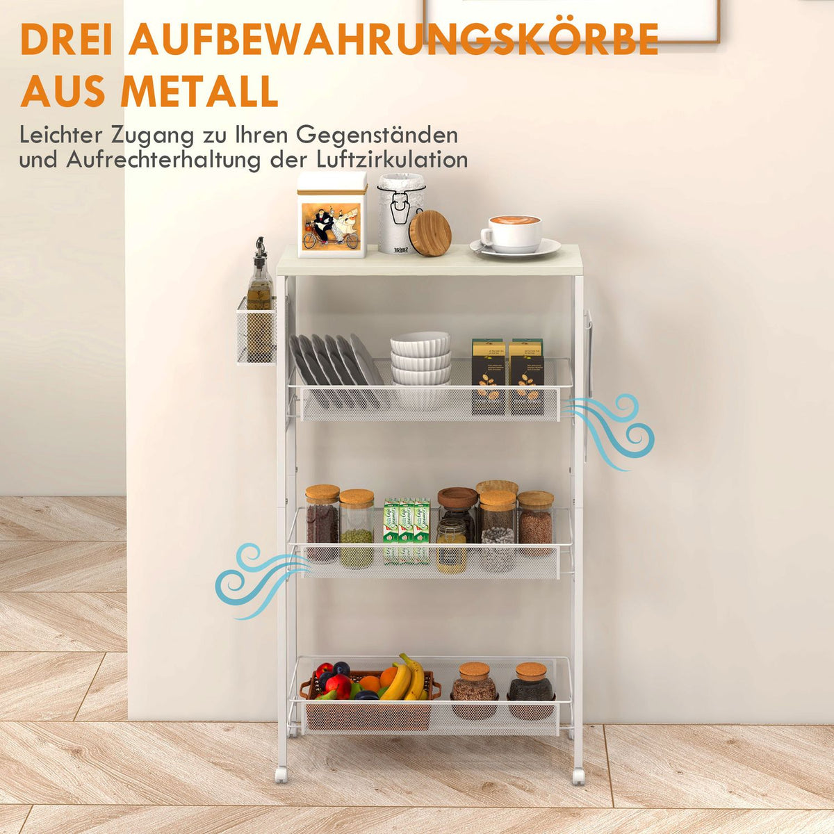 Kitchen Trolley Serving Trolley With 3 Levels, Basket, Worktop, Hooks, Steel, 58X18.5X87 Cm, White