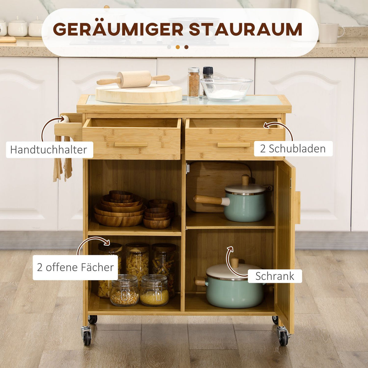 Kitchen Trolley Serving Trolley With Drawer, Cabinet, Open Shelves, Towel Rack, Worktop, Bamboo, Natural