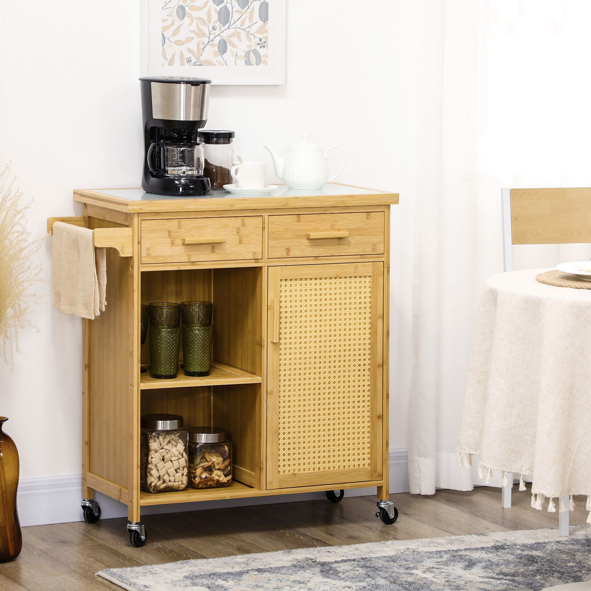Kitchen Trolley Serving Trolley With Drawer, Cabinet, Open Shelves, Towel Rack, Worktop, Bamboo, Natural