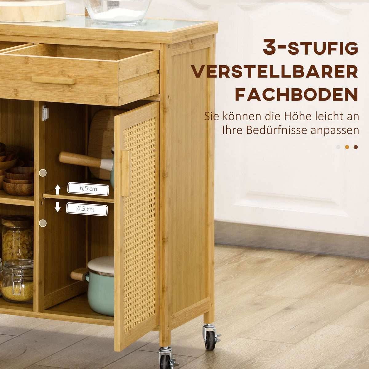 Kitchen Trolley Serving Trolley With Drawer, Cabinet, Open Shelves, Towel Rack, Worktop, Bamboo, Natural
