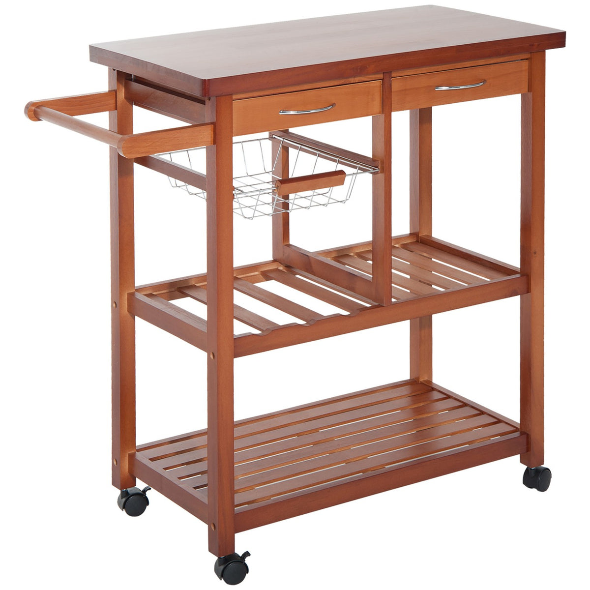 Kitchen Trolley, Serving Trolley With Shelf, Basket, Wine Bottle Holder, Wood, 85X37X85Cm, Versatile