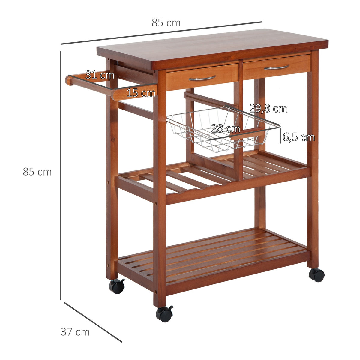 Kitchen Trolley, Serving Trolley With Shelf, Basket, Wine Bottle Holder, Wood, 85X37X85Cm, Versatile