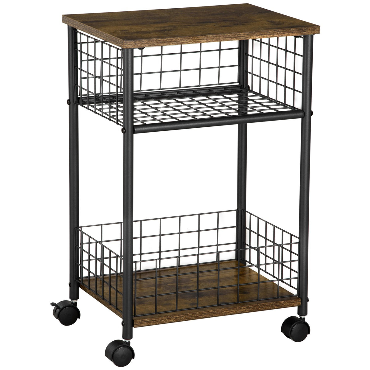 Kitchen Trolley, Serving Trolley With Worktop, 2 Storage Baskets, 360° Swivel Castors, Rustic Brown, 40X30X62 Cm