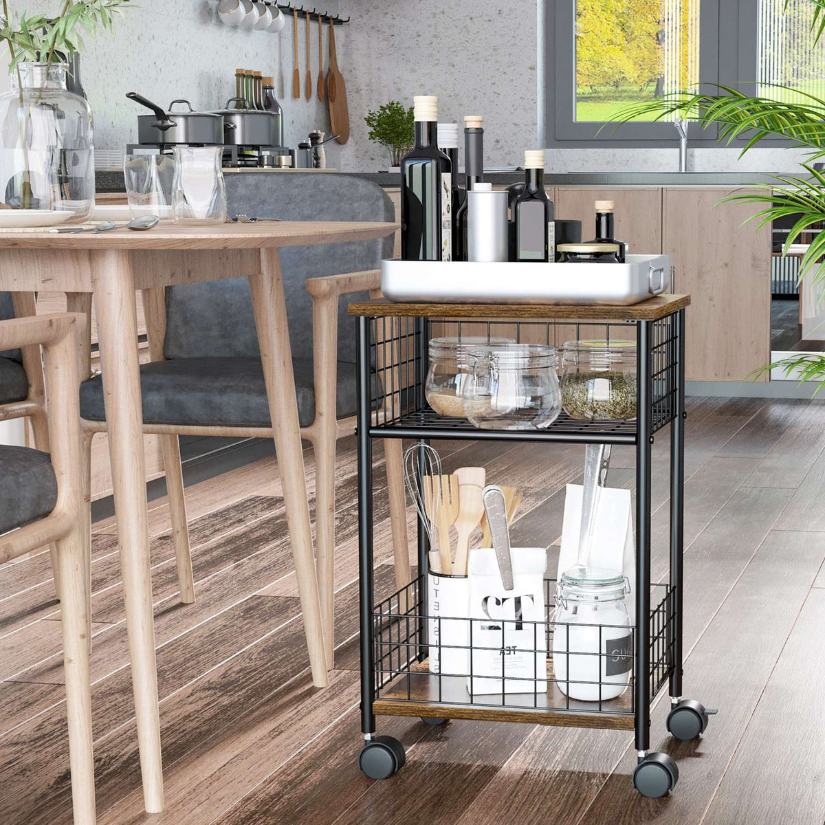 Kitchen Trolley, Serving Trolley With Worktop, 2 Storage Baskets, 360° Swivel Castors, Rustic Brown, 40X30X62 Cm