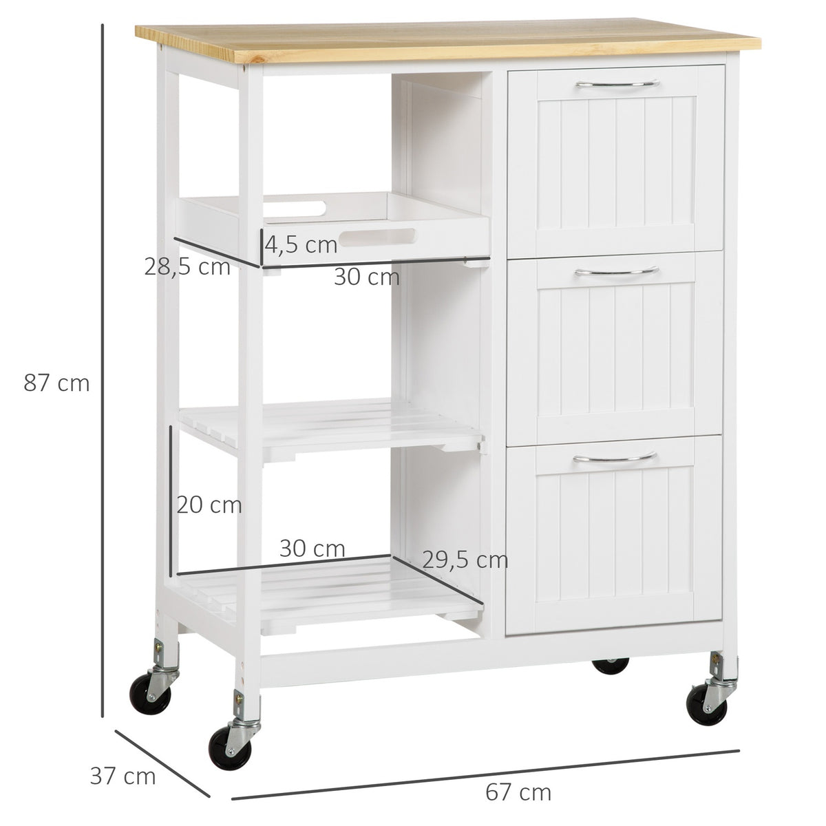 Kitchen Trolley, Serving Trolley with 3 Drawers, 3 Tier, Worktop, Kitchen Trolley, Storage Trolley, White, 67 x 37 x 85 cm