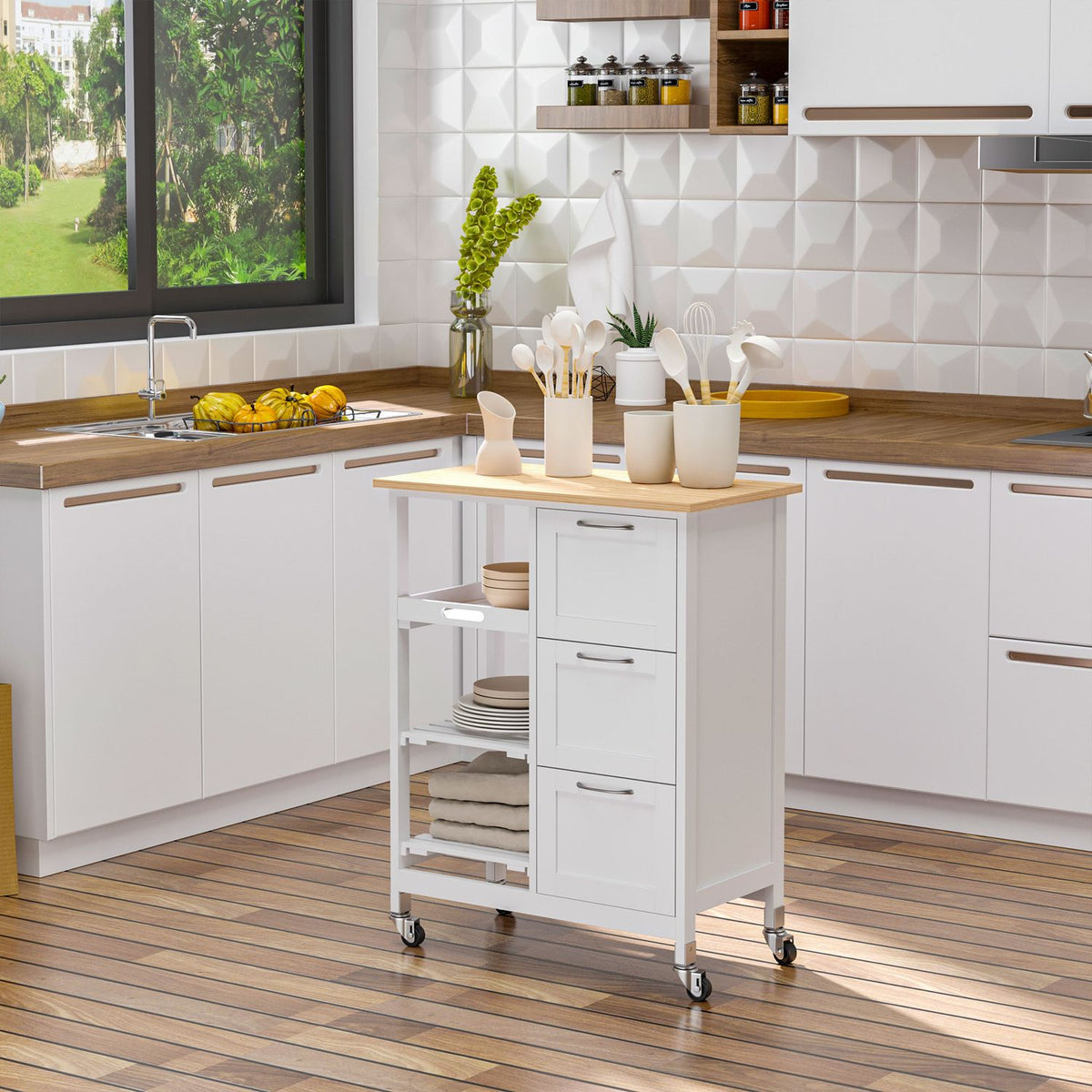 Kitchen Trolley, Serving Trolley with 3 Drawers, 3 Tier, Worktop, Kitchen Trolley, Storage Trolley, White, 67 x 37 x 85 cm