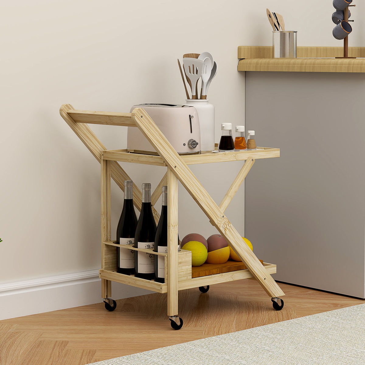 Kitchen Trolley Serving Trolley with Wine Rack Worktop 2 Tier Trolley for Office Kitchen Living Room 66 x 40 x 70 cm Bamboo Natural