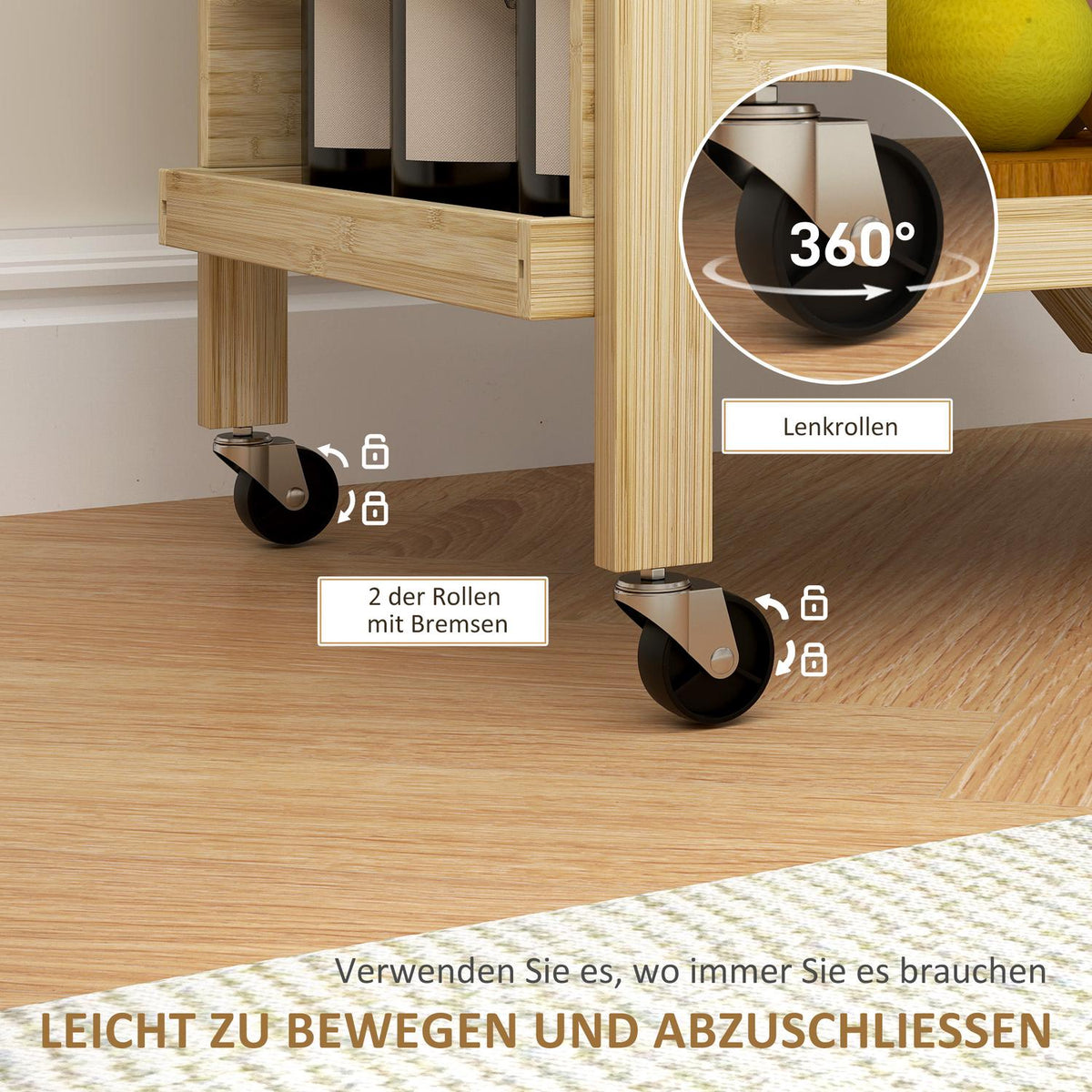 Kitchen Trolley Serving Trolley with Wine Rack Worktop 2 Tier Trolley for Office Kitchen Living Room 66 x 40 x 70 cm Bamboo Natural