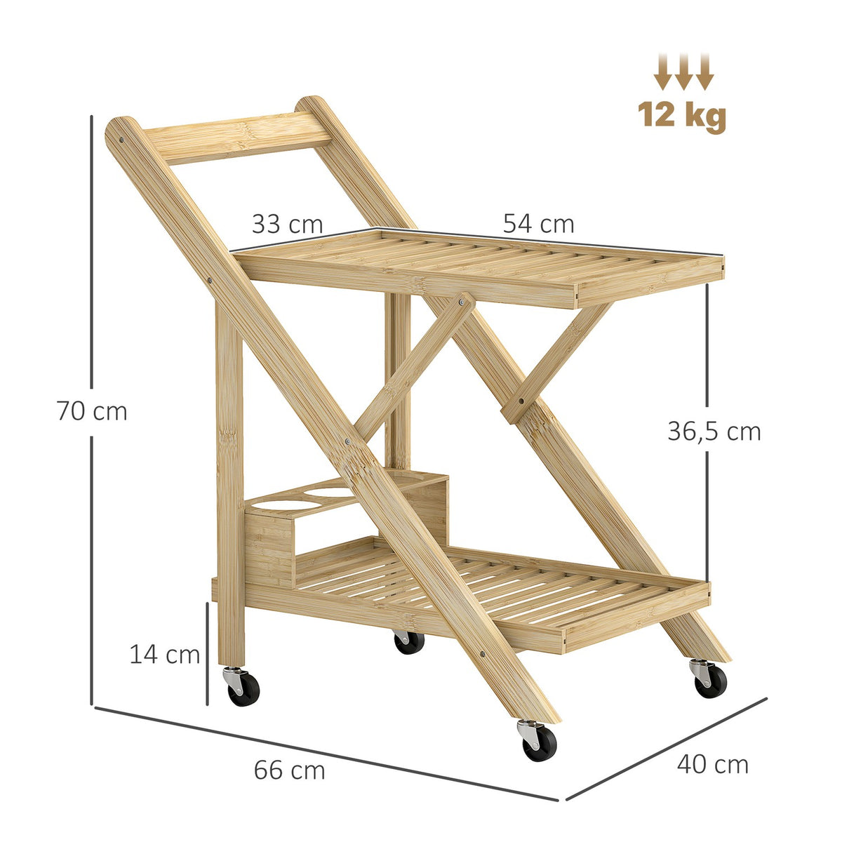 Kitchen Trolley Serving Trolley with Wine Rack Worktop 2 Tier Trolley for Office Kitchen Living Room 66 x 40 x 70 cm Bamboo Natural