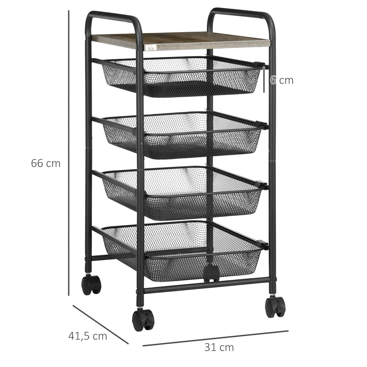Kitchen Trolley With 4 Baskets, Storage Rack On Wheels, Serving Trolley For Bedroom, Steel, Black, 41.5X31X66Cm