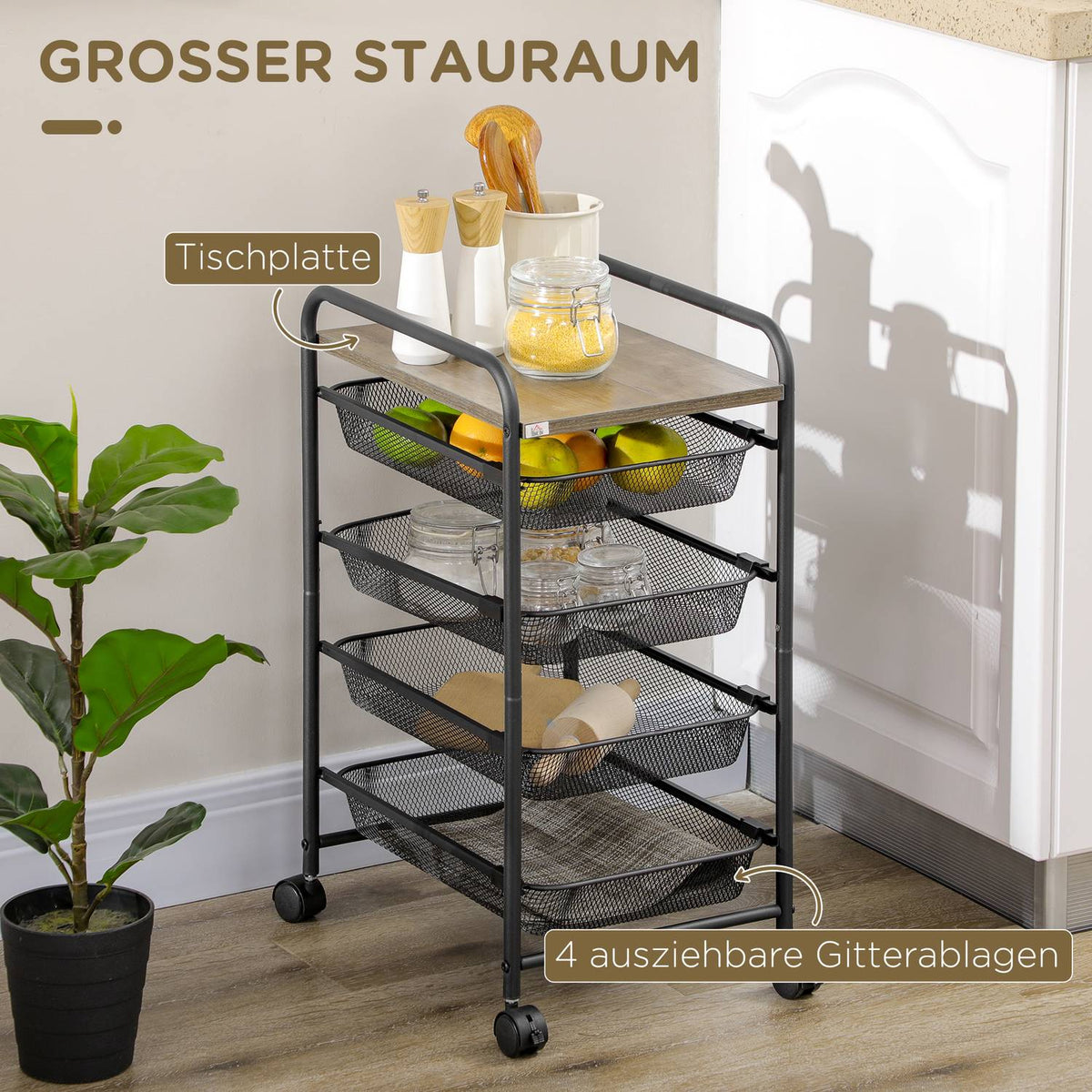 Kitchen Trolley With 4 Baskets, Storage Rack On Wheels, Serving Trolley For Bedroom, Steel, Black, 41.5X31X66Cm