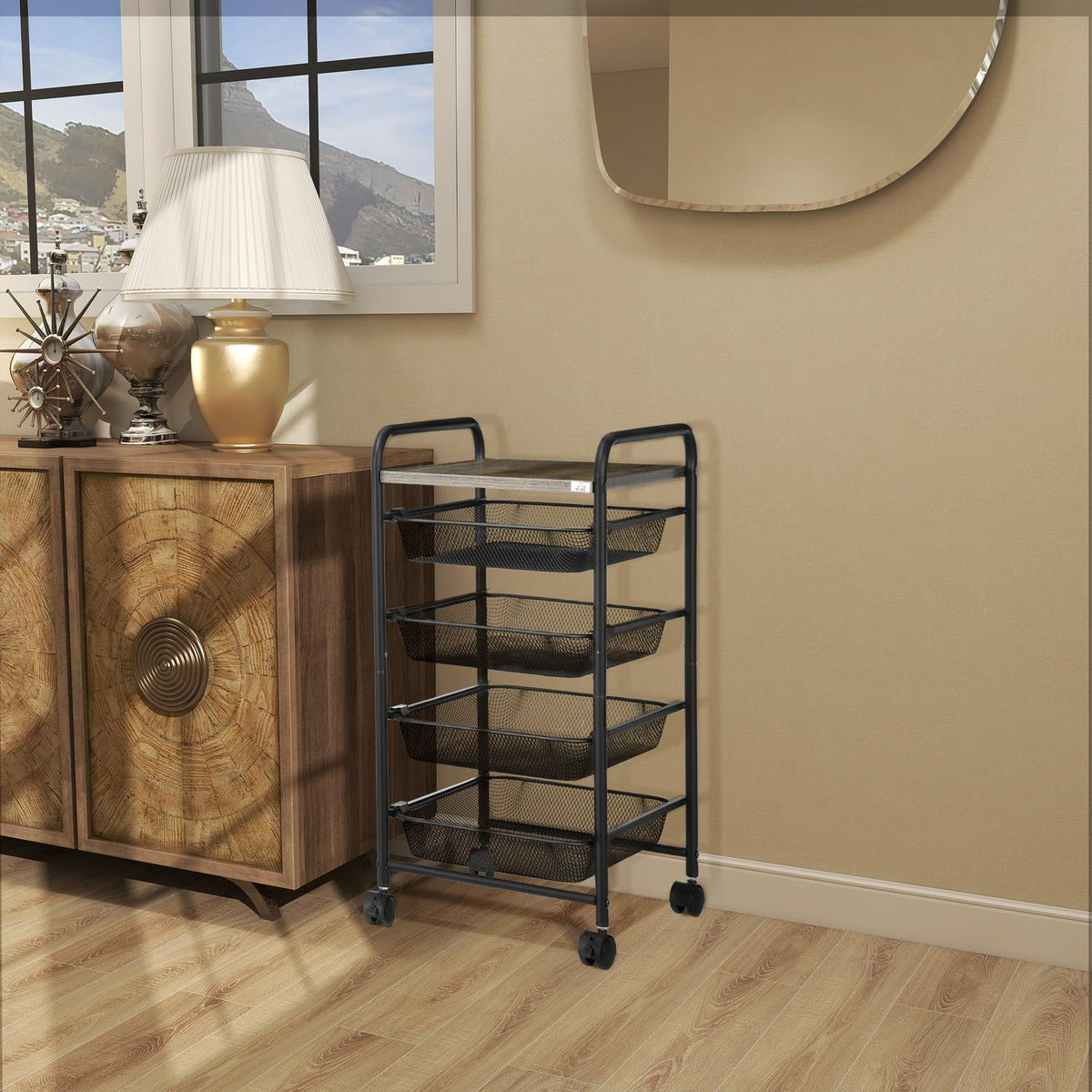 Kitchen Trolley With 4 Baskets, Storage Rack On Wheels, Serving Trolley For Bedroom, Steel, Black, 41.5X31X66Cm