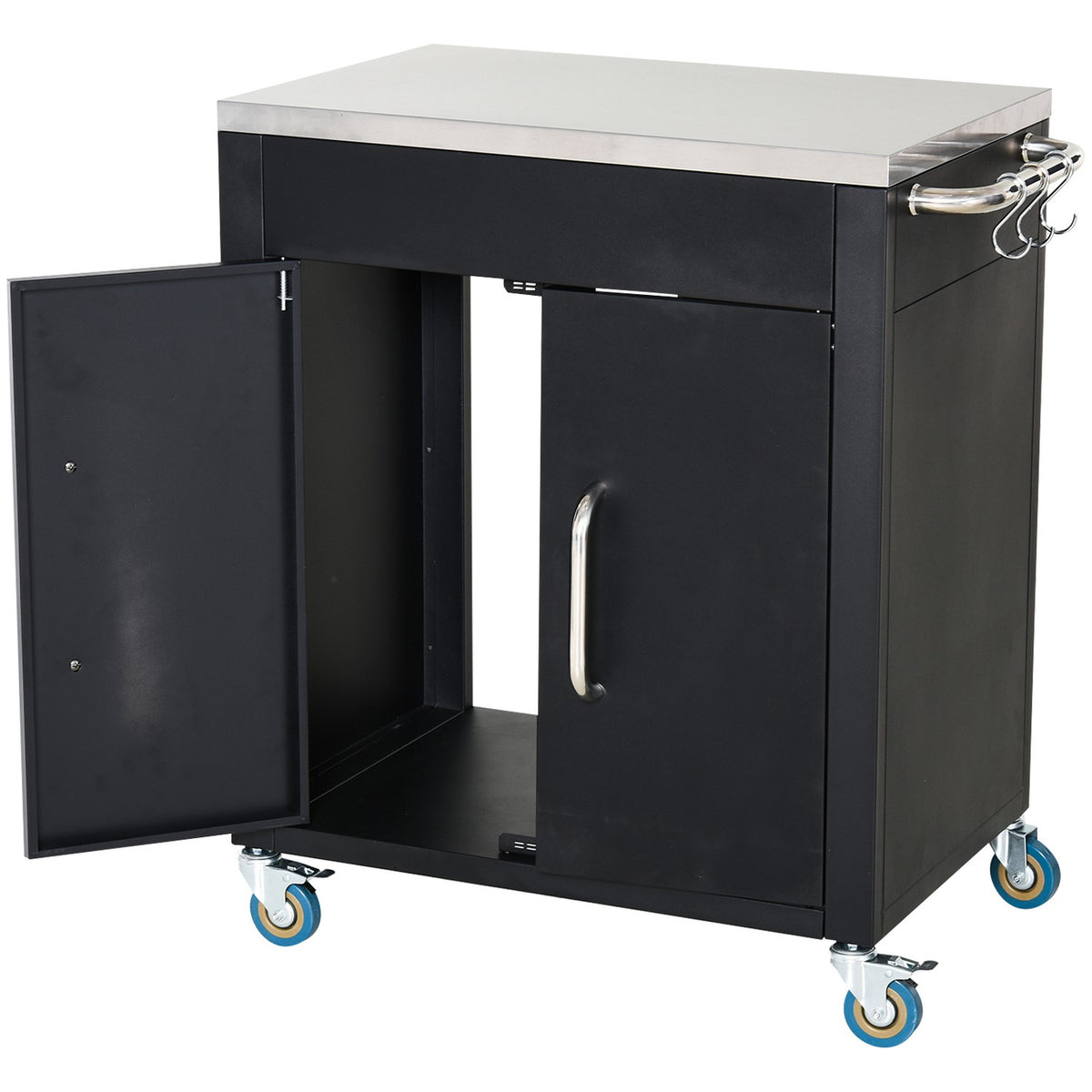 Kitchen Trolley With Wheels, Serving Trolley With Cupboard, Hooks, Stainless Steel Handles, Black, 86X50X86.5Cm