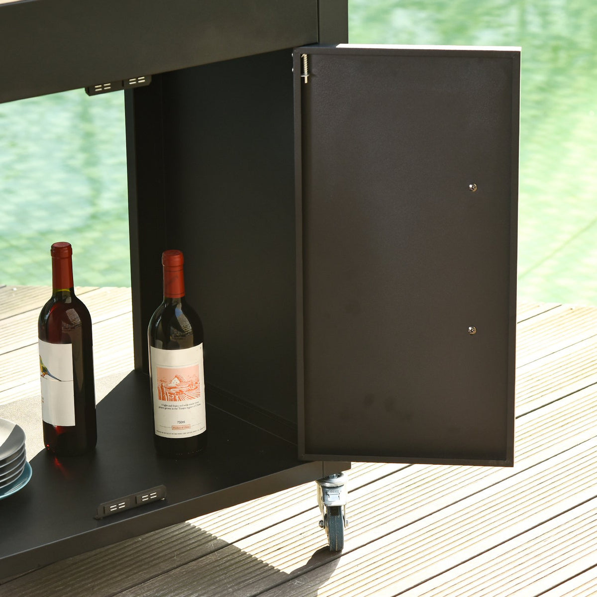 Kitchen Trolley With Wheels, Serving Trolley With Cupboard, Hooks, Stainless Steel Handles, Black, 86X50X86.5Cm