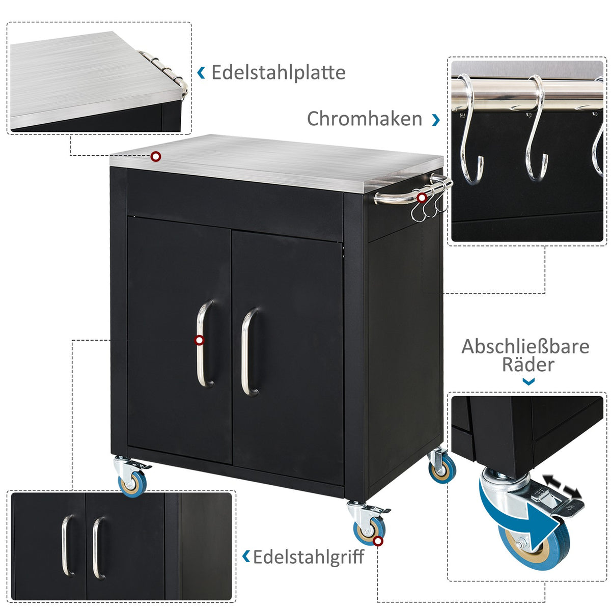 Kitchen Trolley With Wheels, Serving Trolley With Cupboard, Hooks, Stainless Steel Handles, Black, 86X50X86.5Cm
