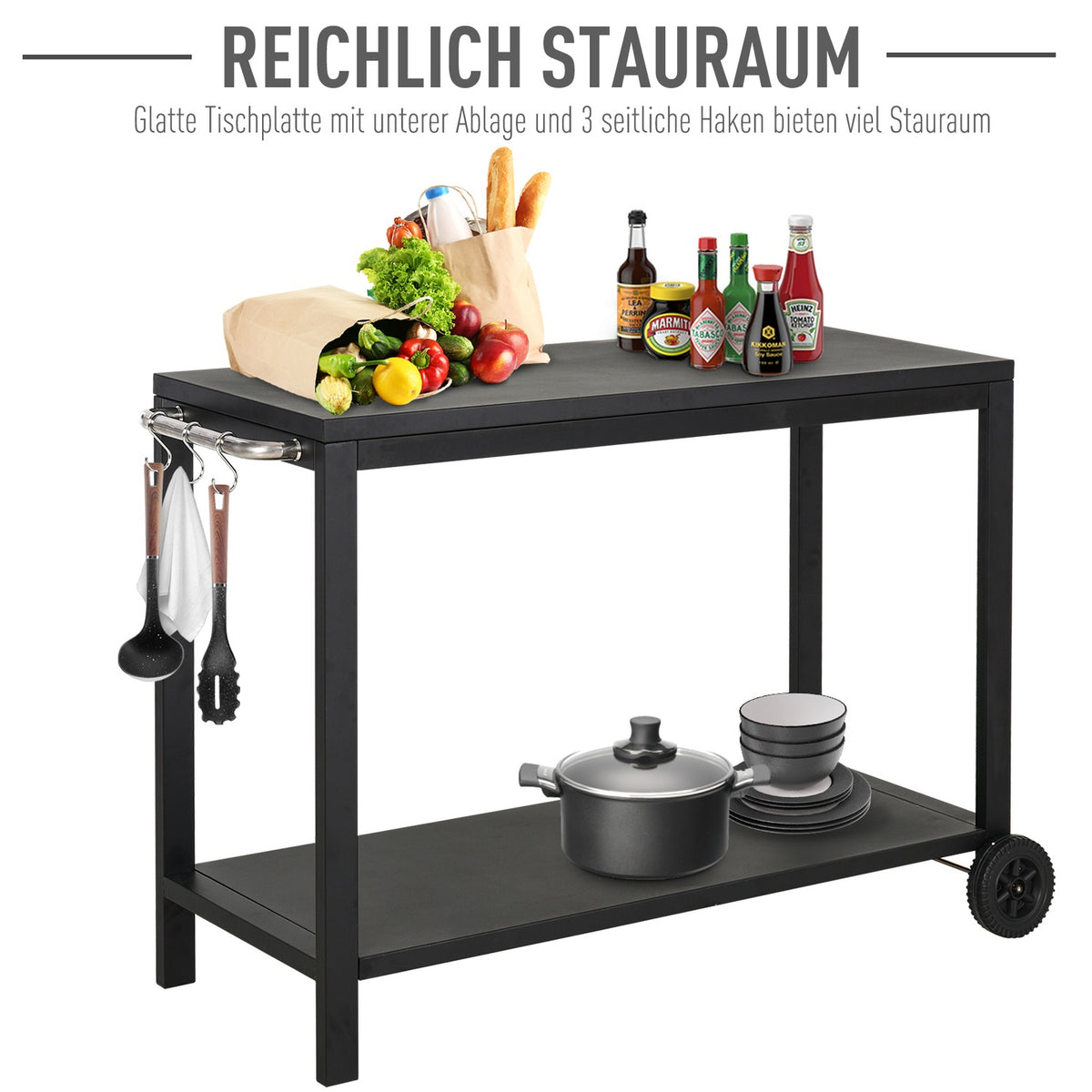 Kitchen Trolley With Wheels, Serving Trolley With Hooks, Stainless Steel Handles, Black, 128X46.5X86.5Cm