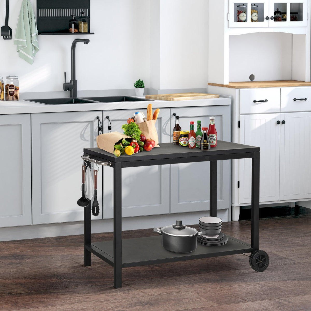Kitchen Trolley With Wheels, Serving Trolley With Hooks, Stainless Steel Handles, Black, 128X46.5X86.5Cm