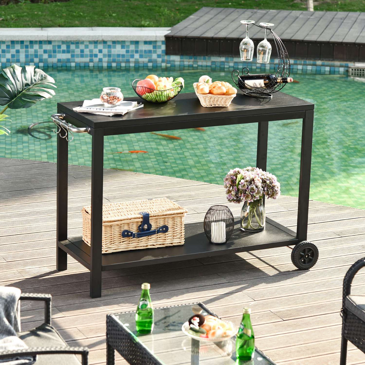 Kitchen Trolley With Wheels, Serving Trolley With Hooks, Stainless Steel Handles, Black, 128X46.5X86.5Cm