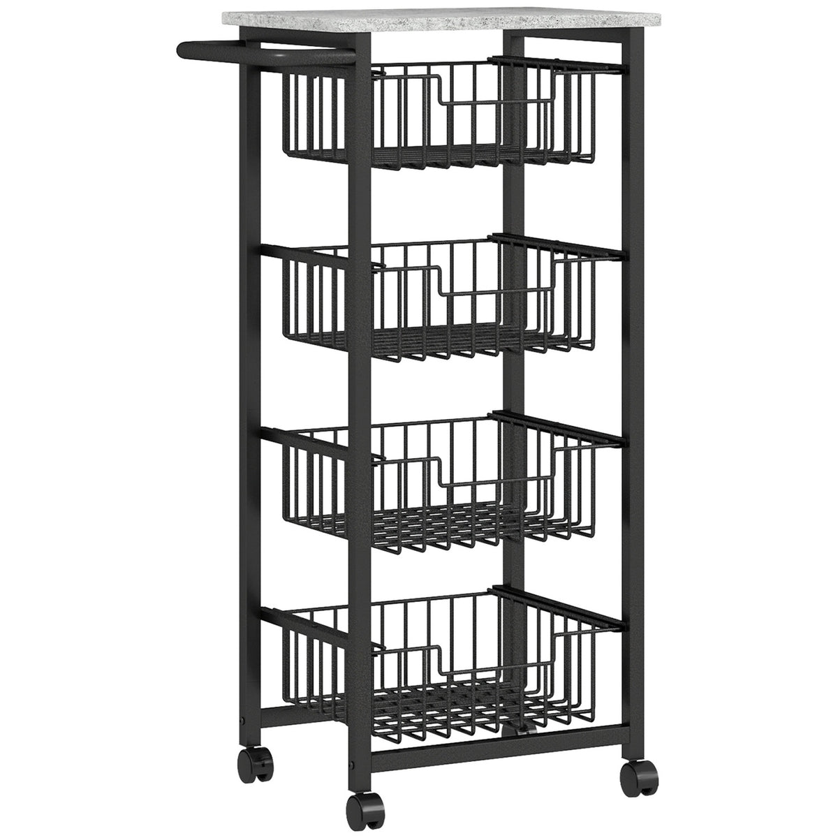 Kitchen Trolley with Wheels, 4 Steel Baskets, MDF Top