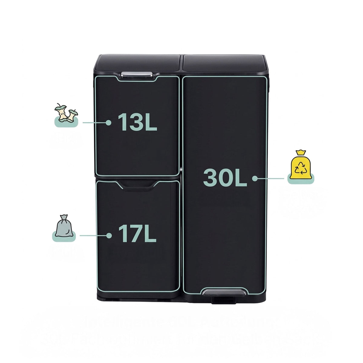 Kitchen Waste Bin, 3-Compartment Steel, Soft-Close