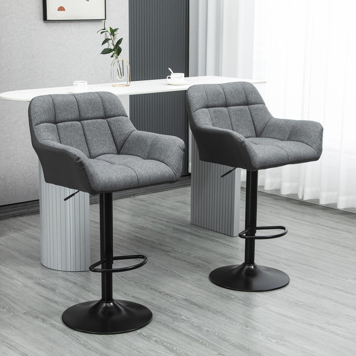 Kitchen bar stool set of 2, height adjustable, 360° rotatable with backrest and footrest, linen look, up to 120 kg, 57.5 x 52.5 x 93-114 cm, gray