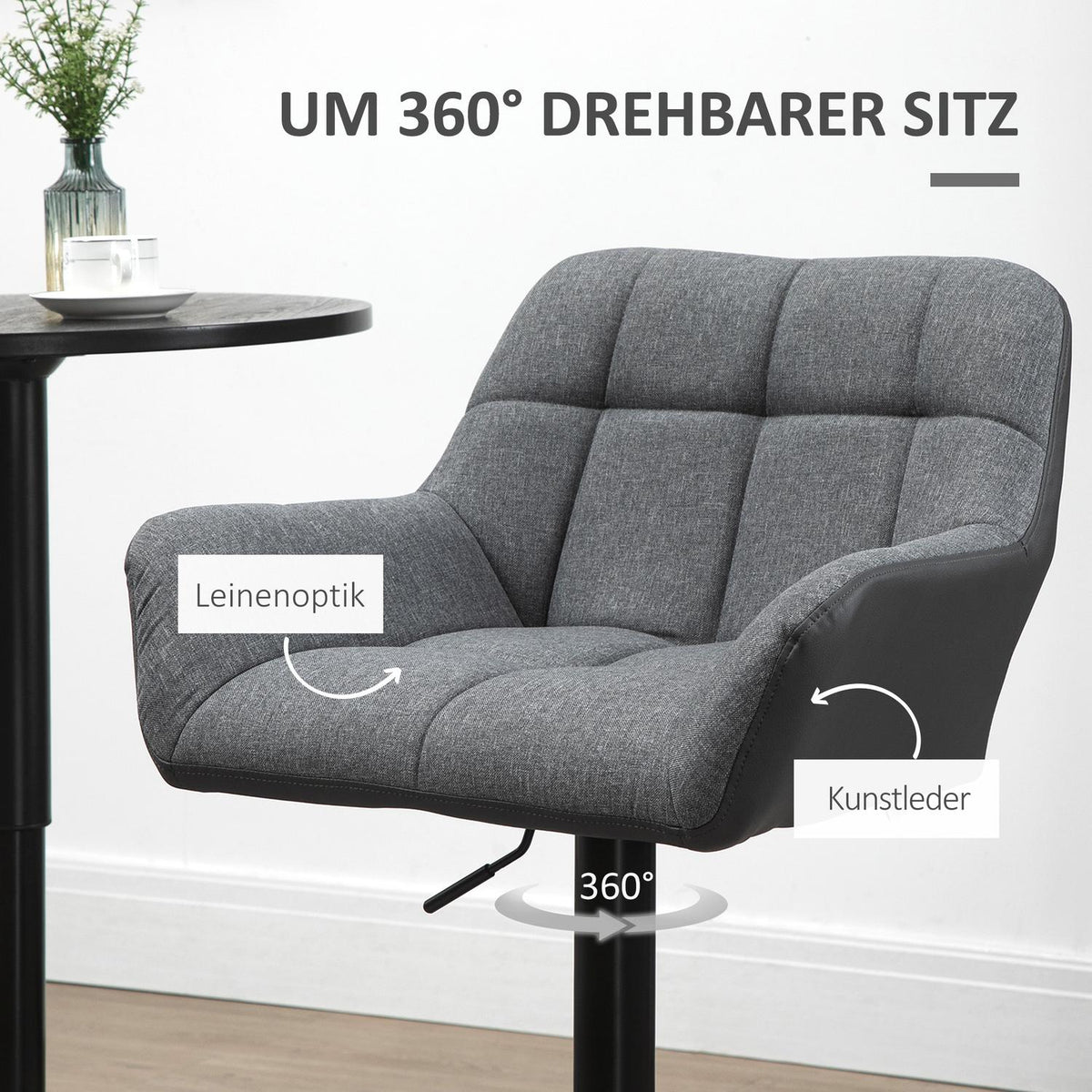 Kitchen bar stool set of 2, height adjustable, 360° rotatable with backrest and footrest, linen look, up to 120 kg, 57.5 x 52.5 x 93-114 cm, gray