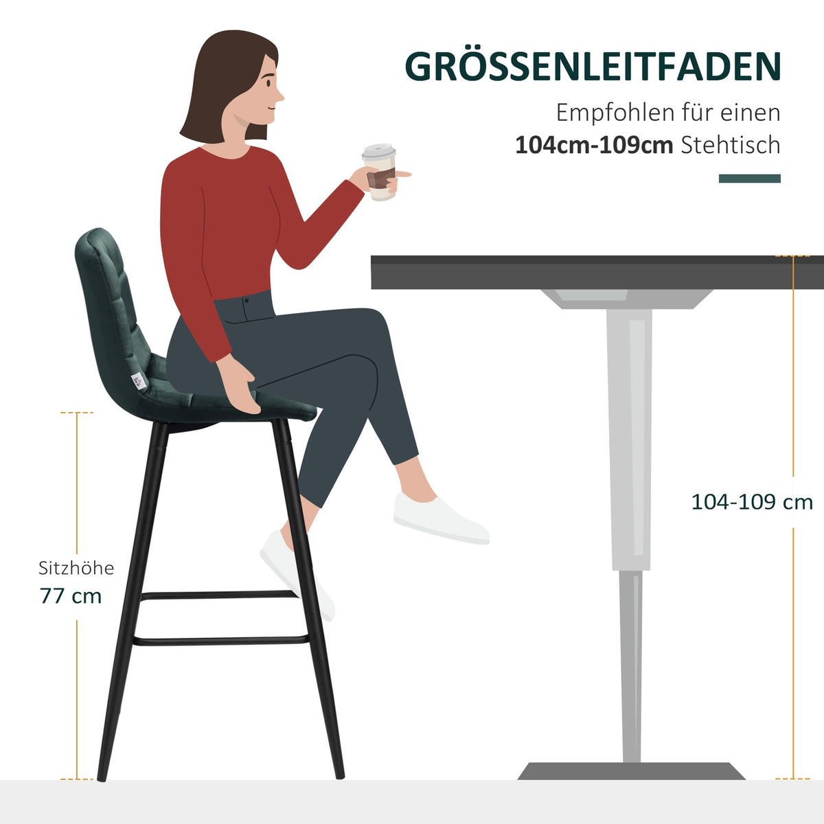 Kitchen bar stool set of 2 with non-slip foot caps, modern design, steel legs, velvet cover, up to 120 kg, 42 x 47 x 105 cm, green
