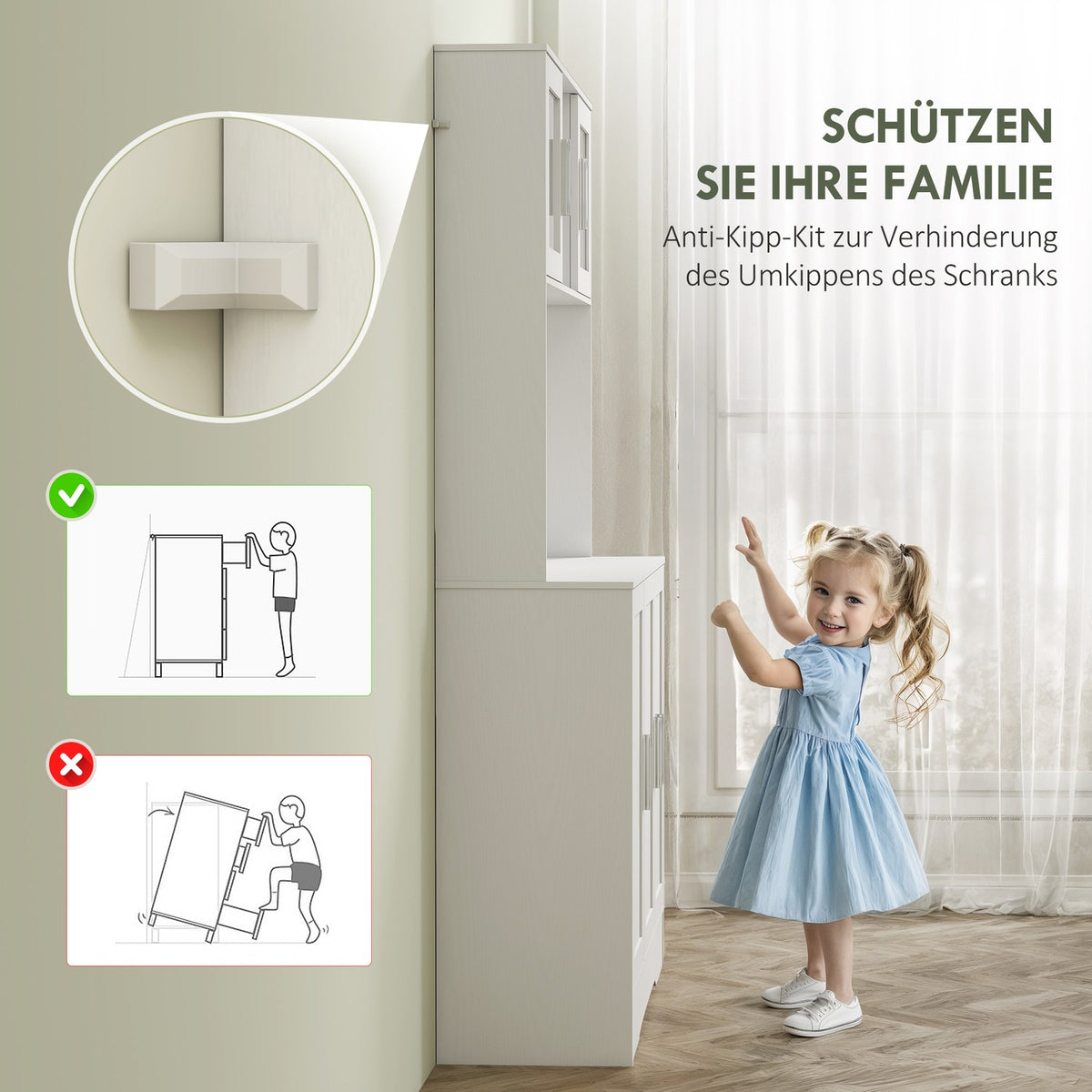 Kitchen cabinet, Scandinavian design, 4 cabinets, adjustable shelves, glass doors, open space, chipboard, MDF, white