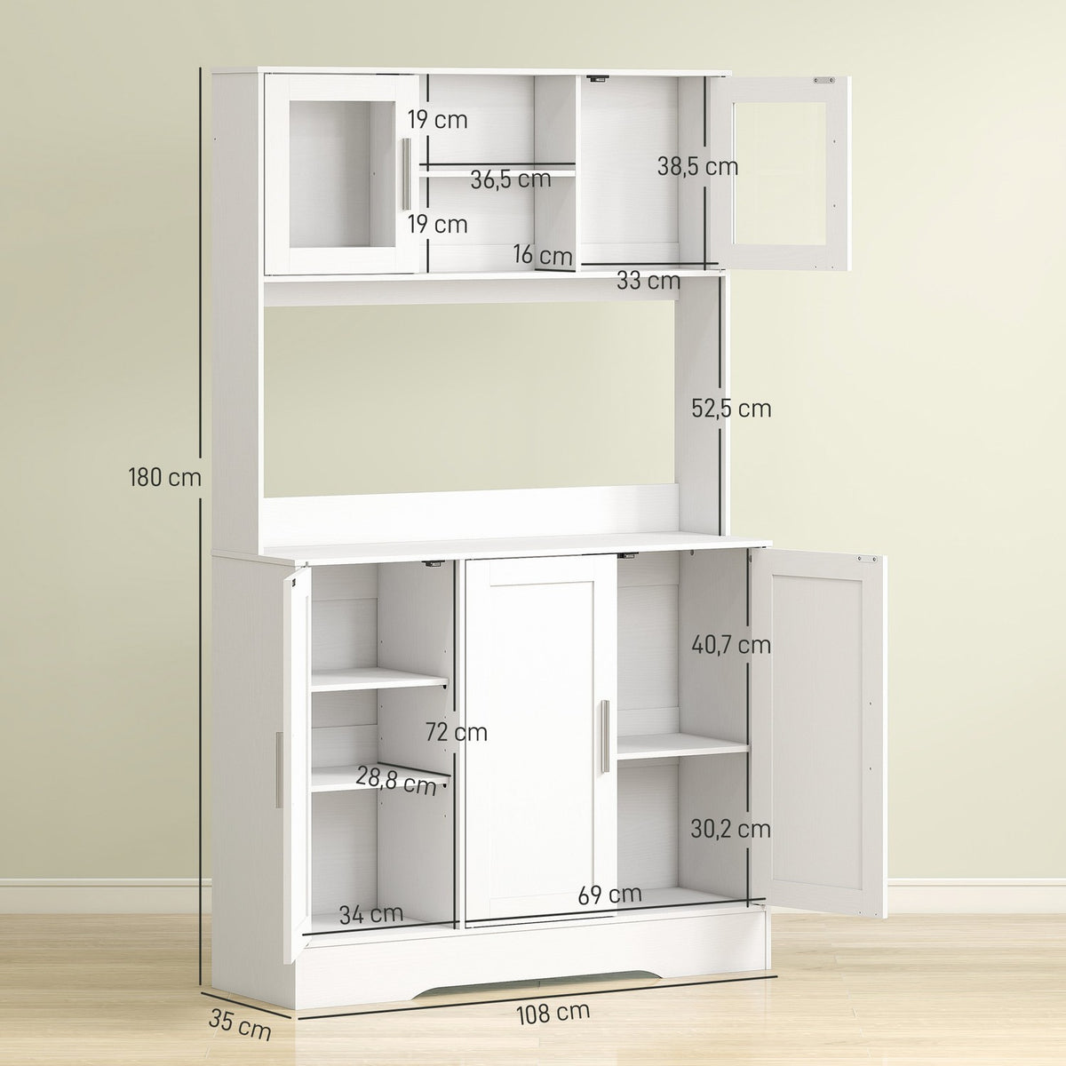 Kitchen cabinet, Scandinavian design, 4 cabinets, adjustable shelves, glass doors, open space, chipboard, MDF, white