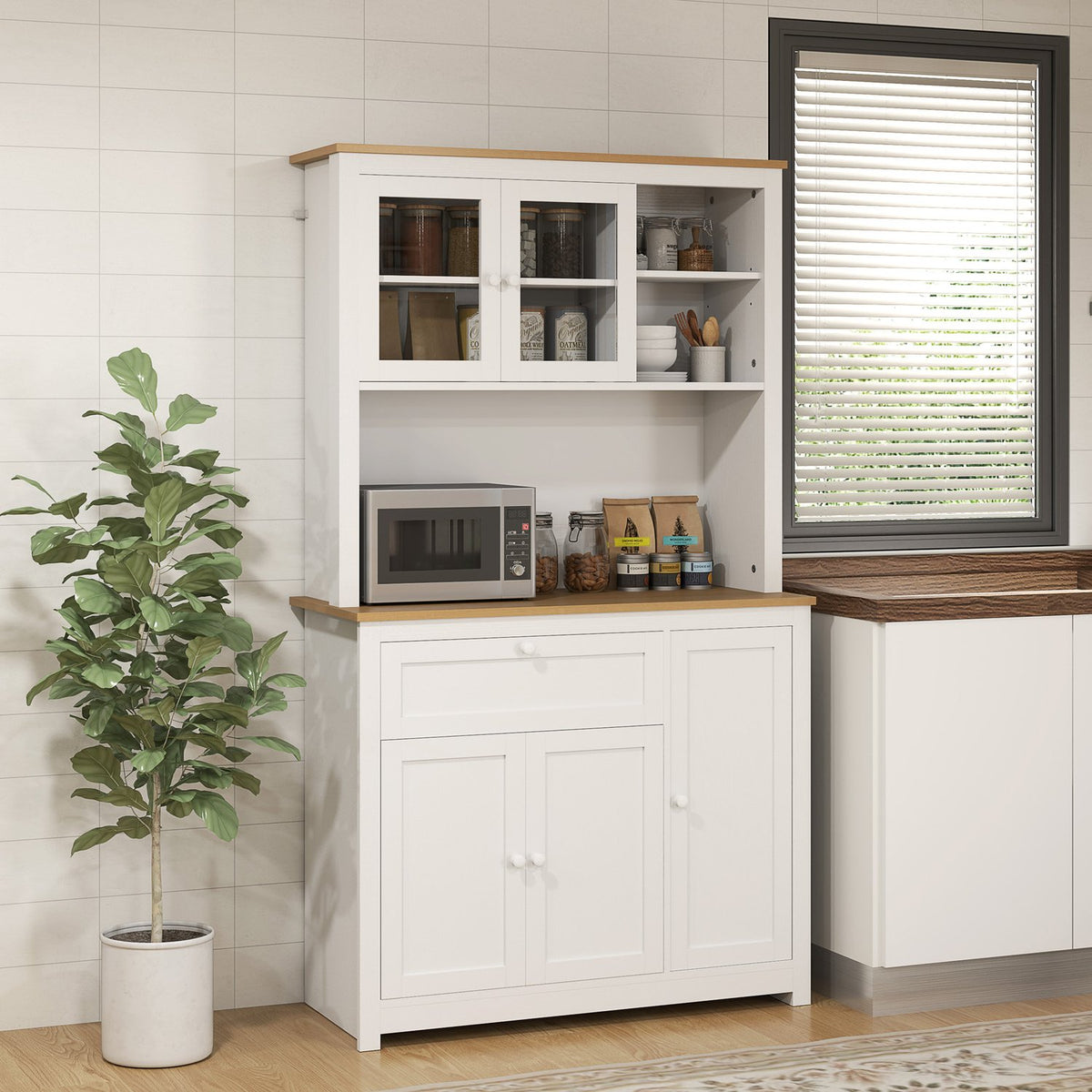 Kitchen cabinet, kitchen buffet with drawer, multi-purpose cabinet with 2 open levels, 3 cupboards, display cabinet with table top for living room, white, 100 x 40 x 180 cm