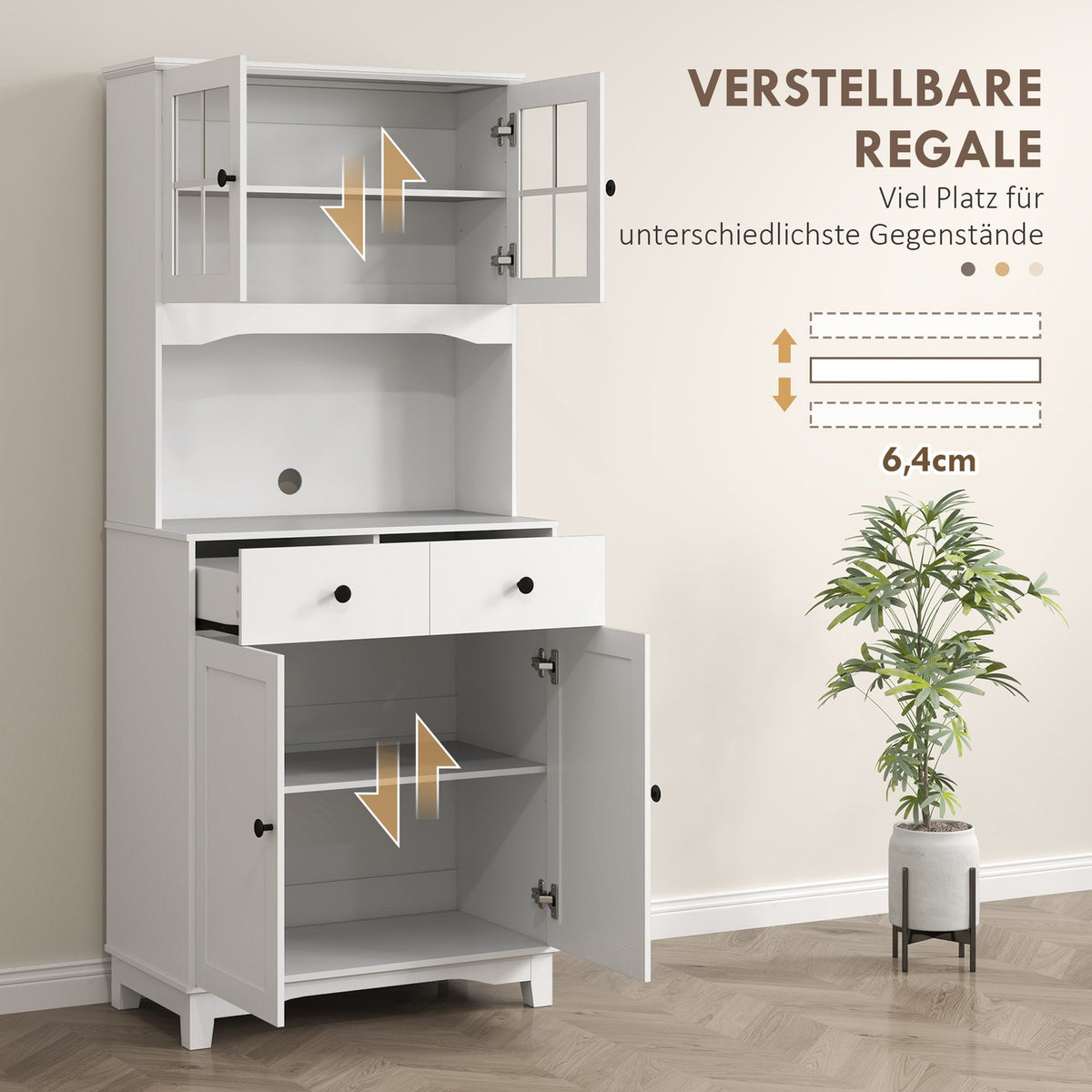 Kitchen cabinet, tall cabinet with 2 cabinets, kitchen buffet with adjustable shelves, buffet cabinet, dining room cabinet for kitchen, dining room, 68 x 39.5 x 170 cm, white