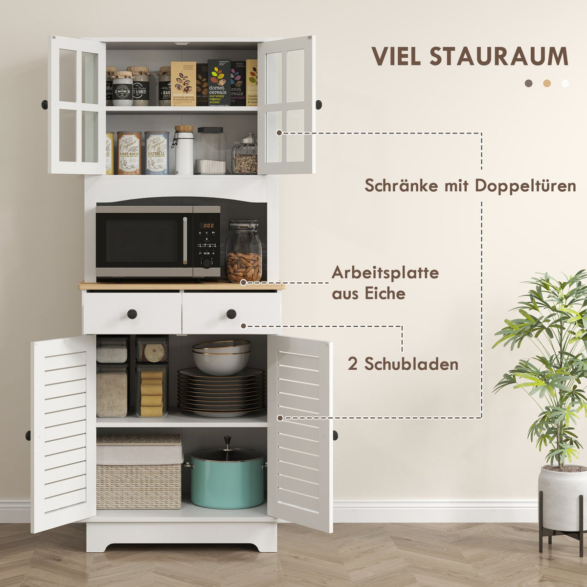 Kitchen cabinet, tall cabinet with 2 cabinets, kitchen buffet with adjustable shelves, buffet cabinet, dining room cabinet for kitchen, dining room, 68 x 39.5 x 170 cm, white