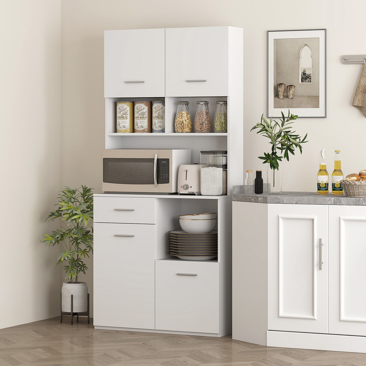 Kitchen cabinet, tall cabinet with adjustable shelf, drawer, buffet cabinet with soft-close door, display cabinet, storage cabinet for kitchen, dining room, 80 x 35 x 180 cm, white