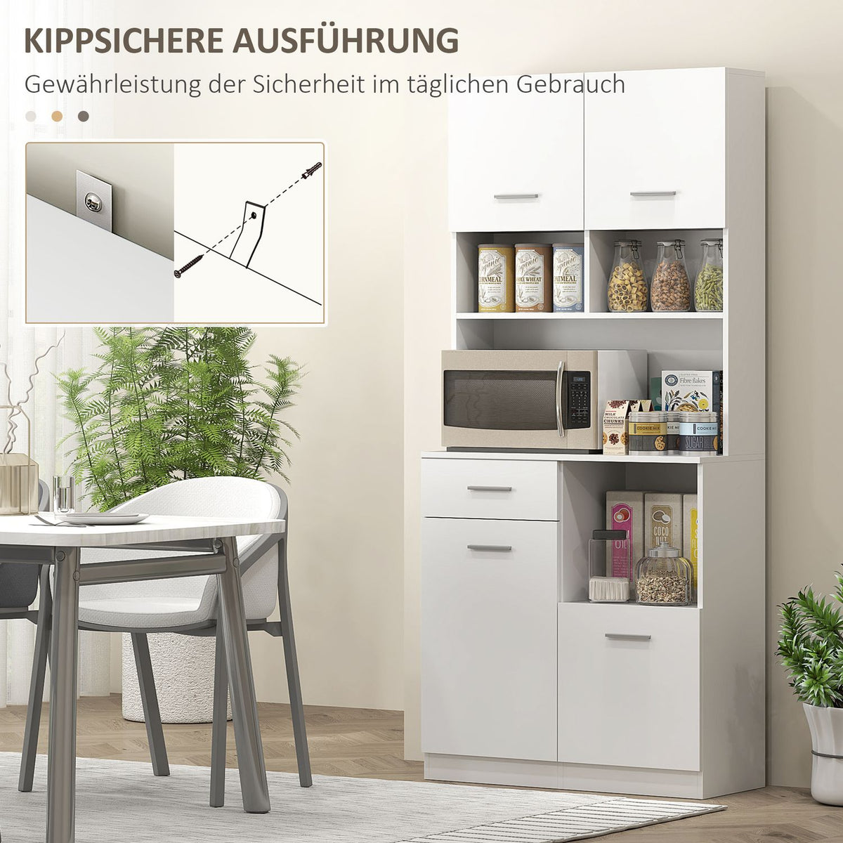 Kitchen cabinet, tall cabinet with adjustable shelf, drawer, buffet cabinet with soft-close door, display cabinet, storage cabinet for kitchen, dining room, 80 x 35 x 180 cm, white